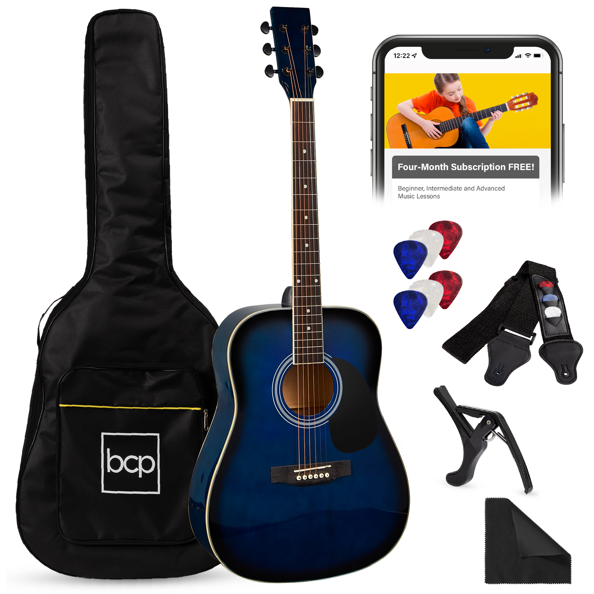 41in Full Size All-Wood Acoustic Guitar Starter Kit w/Gig Bag, E-Tuner, Pick, Strap, Rag - Blue - Best Choice Products Online
