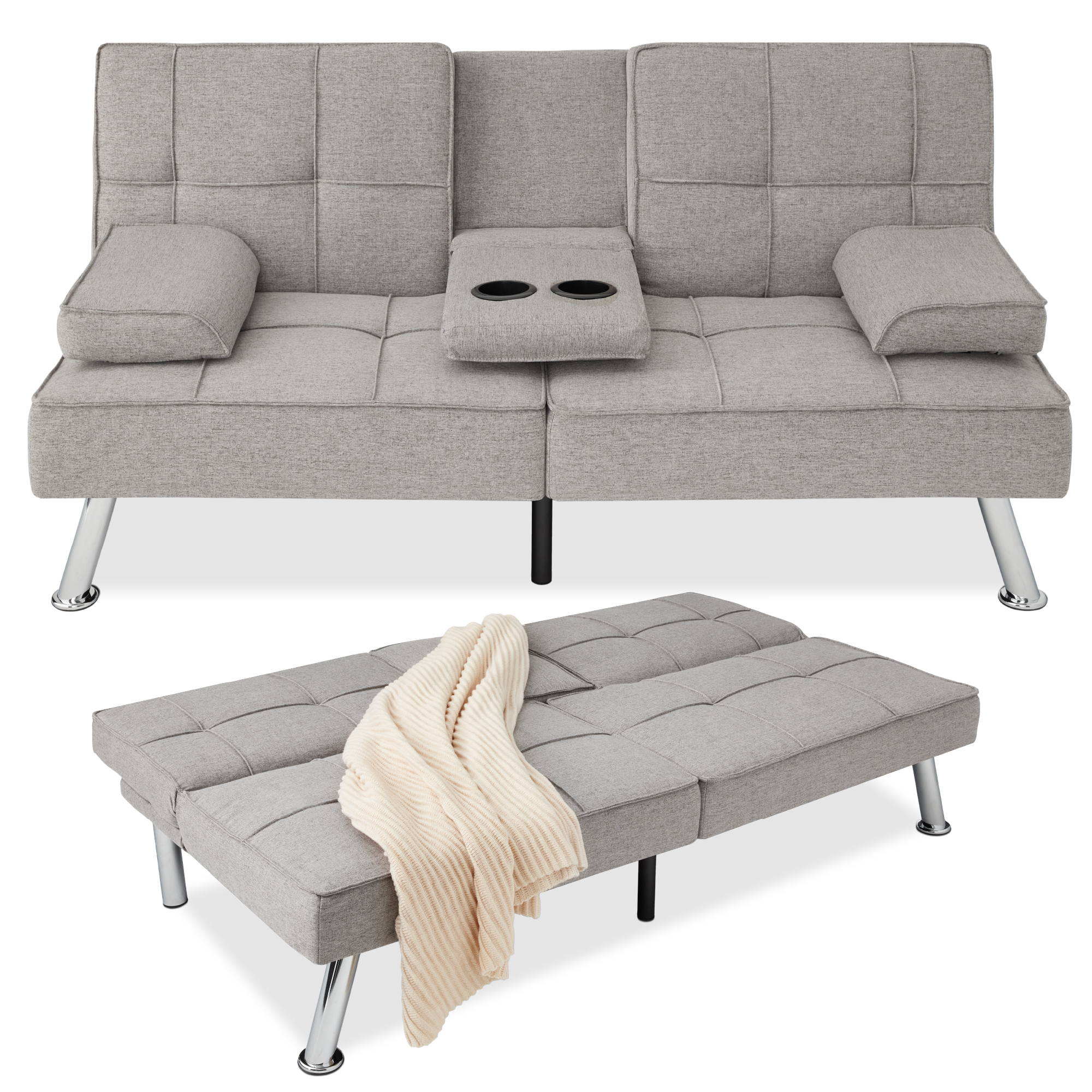 Linen Upholstered Convertible Sofa Bed Futon, Modern Design w/ Removable Armrests, Metal Legs, 2 Cupholders - Light Gray - Best Choice Products Online