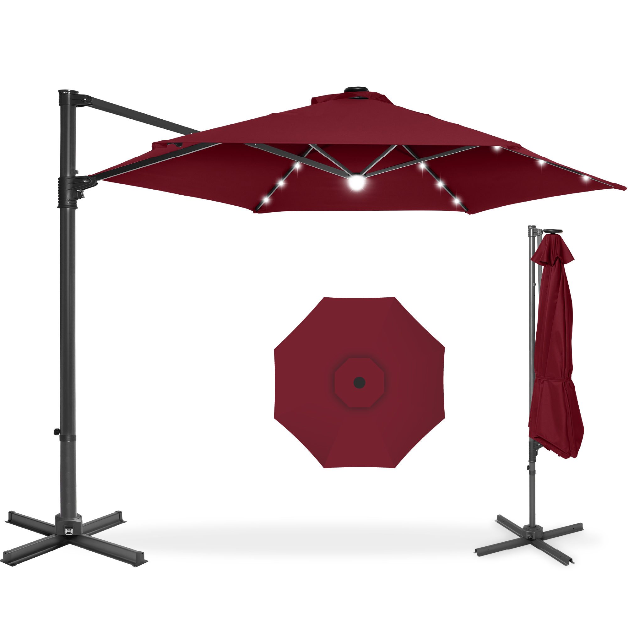 Best Choice Products 10ft 360 Rotating Cantilever Offset Hanging Market Patio Umbrella w/ Solar Lights - Burgundy