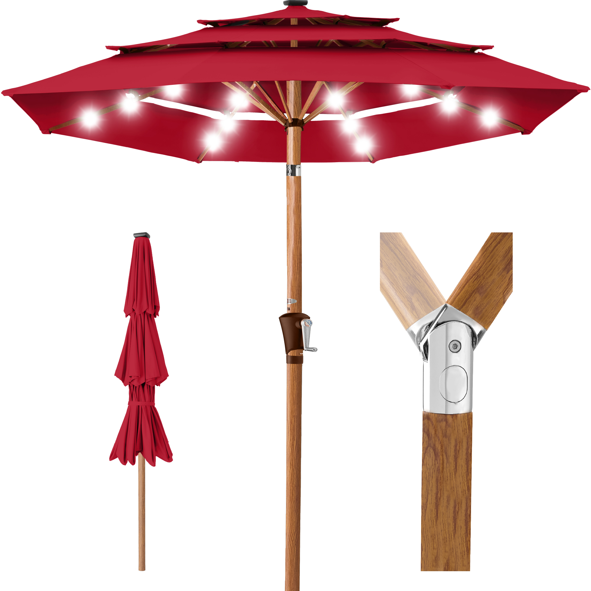 10ft Woodgrain Pattern 3-Tier Solar Patio Umbrella w/ 24 LED Lights, Tilt - Red - Best Choice Products Online