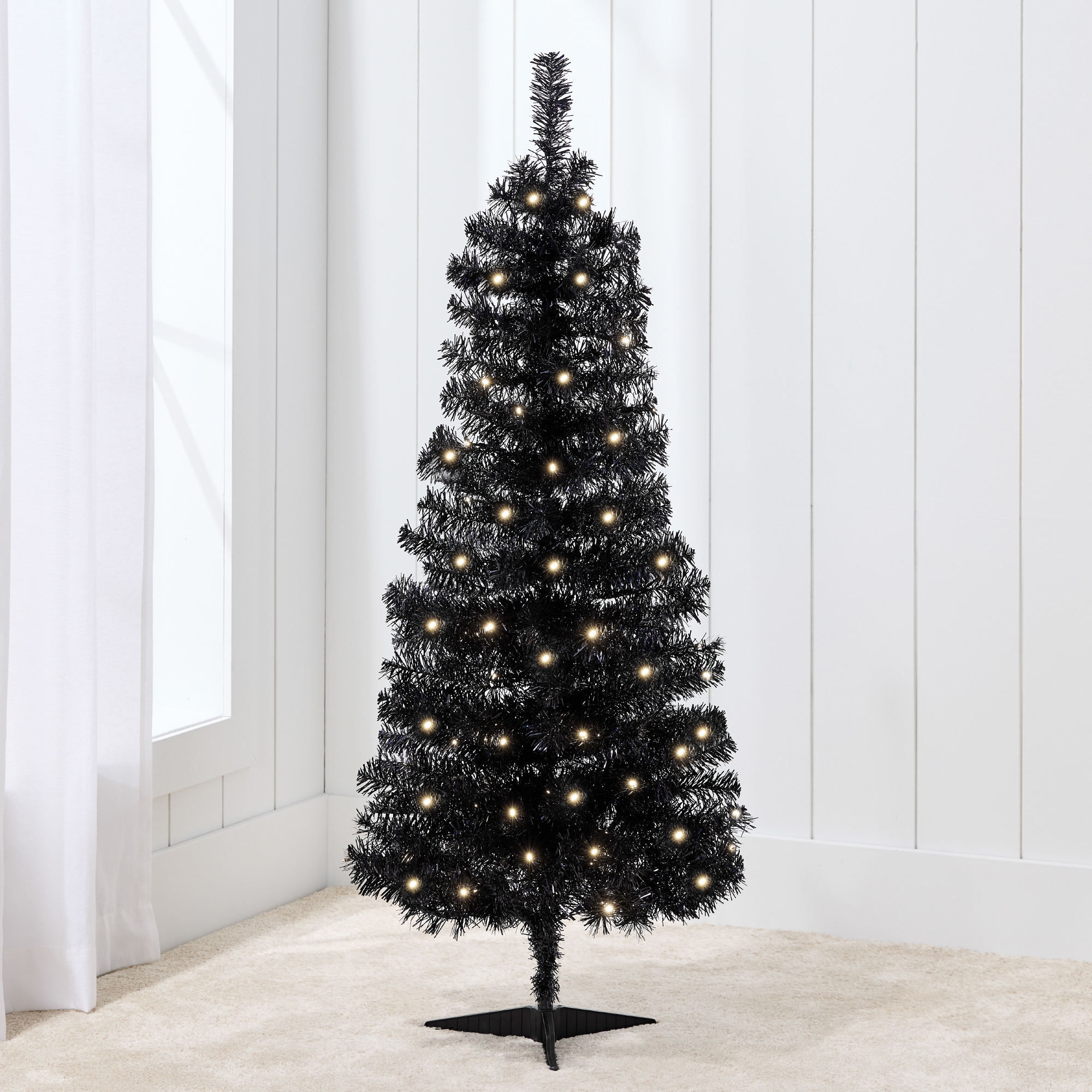 4ft Pre-Lit Black Tinsel Christmas Tree, Artificial Tree Holiday Decor w/ LED Lights - Best Choice Products Online