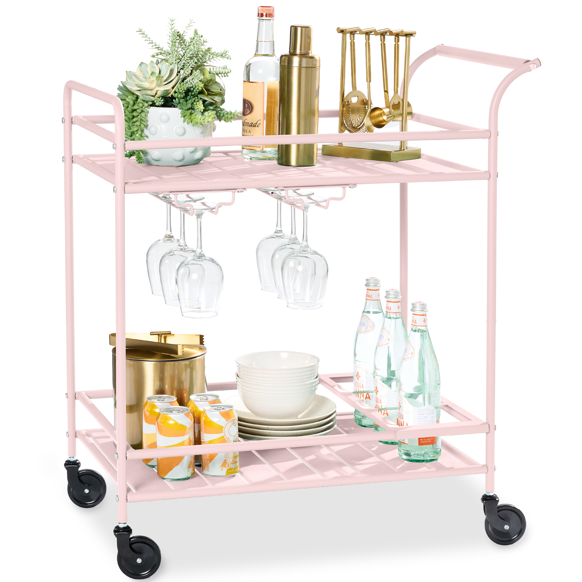 2-Tier Rolling Bar Cart Indoor/Outdoor w/ Storage Shelves, Wine Rack, Lockable Wheels - Pink - Best Choice Products Online