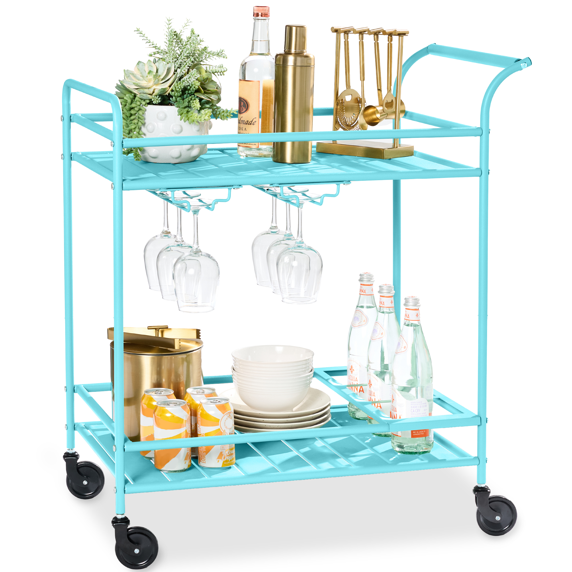 2-Tier Rolling Bar Cart Indoor/Outdoor w/ Storage Shelves, Wine Rack, Lockable Wheels - Teal - Best Choice Products Online