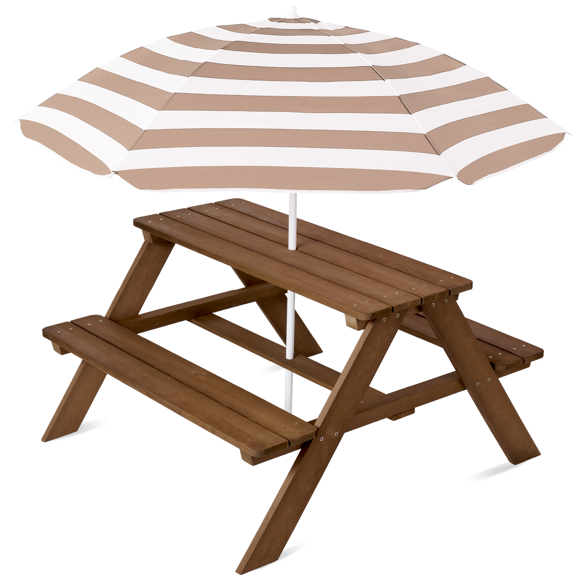 Kids Wooden Picnic Table, Outdoor Activity Table & Bench w/ Adjustable Umbrella - Walnut/Beige - Best Choice Products Online