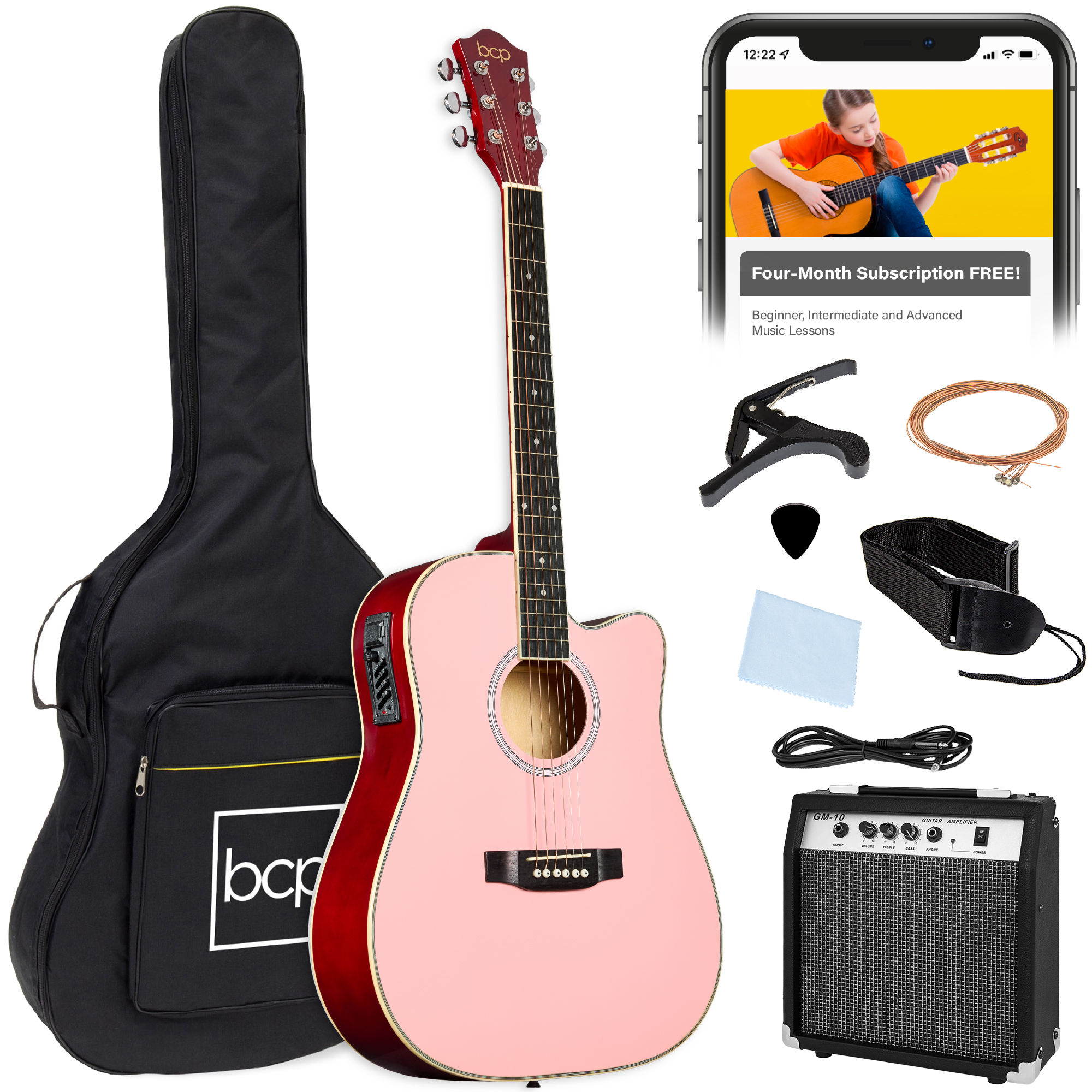 Beginner Acoustic Electric Guitar Starter Set 41in w/ Wood Cutaway Design, Gig Bag - Pink - Best Choice Products Online