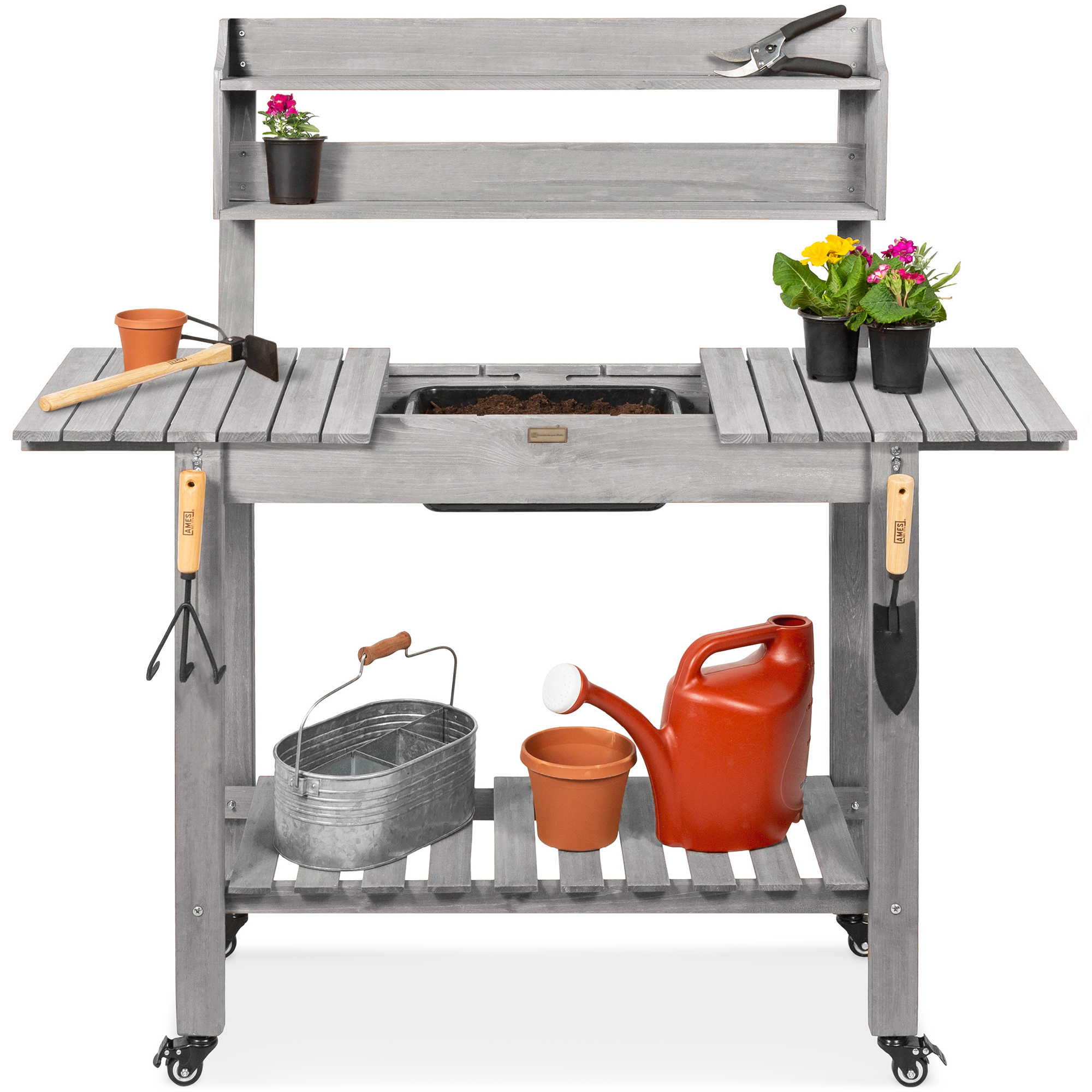 Garden Potting Bench, Wooden Outdoor Workstation Table w/ Sliding Tabletop, 4 Locking Wheels, Dry Sink - Gray - Best Choice Products Online