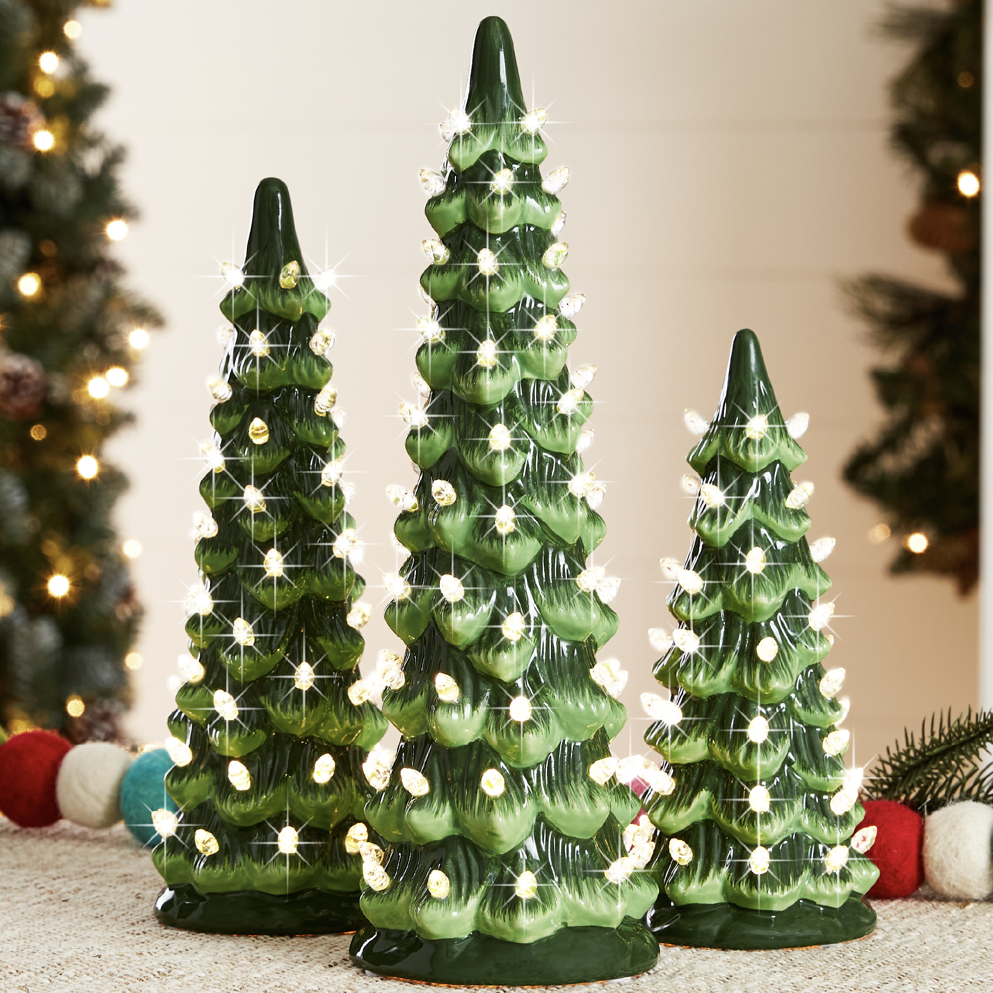 Set of 3 Pre-Lit Hand-Painted Ceramic Tabletop Christmas Trees w/ Warm White Lights - Green - Best Choice Products Online