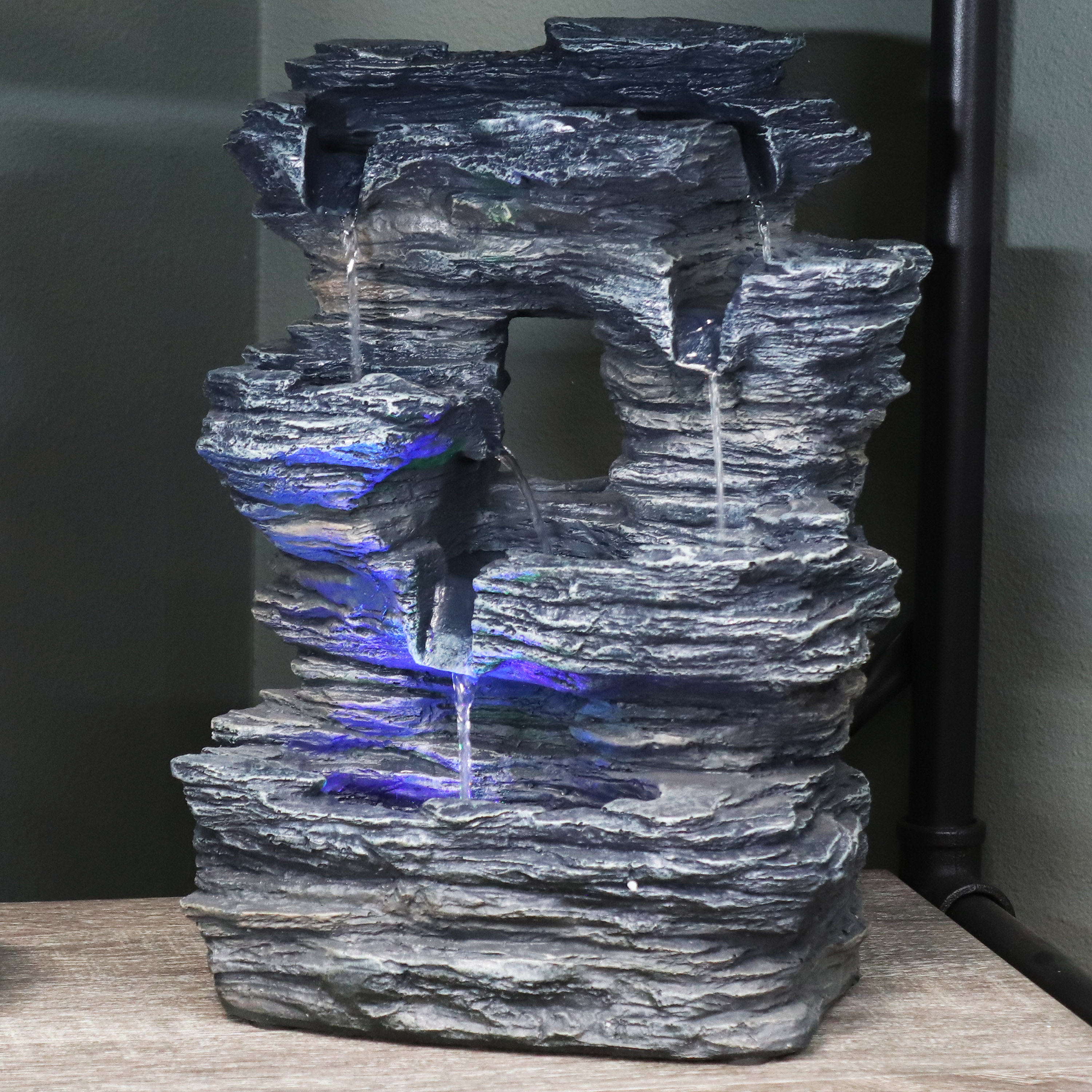 Sunnydaze Five Stream Rock Cavern Tabletop Water Fountain with Multi Colored LED Light