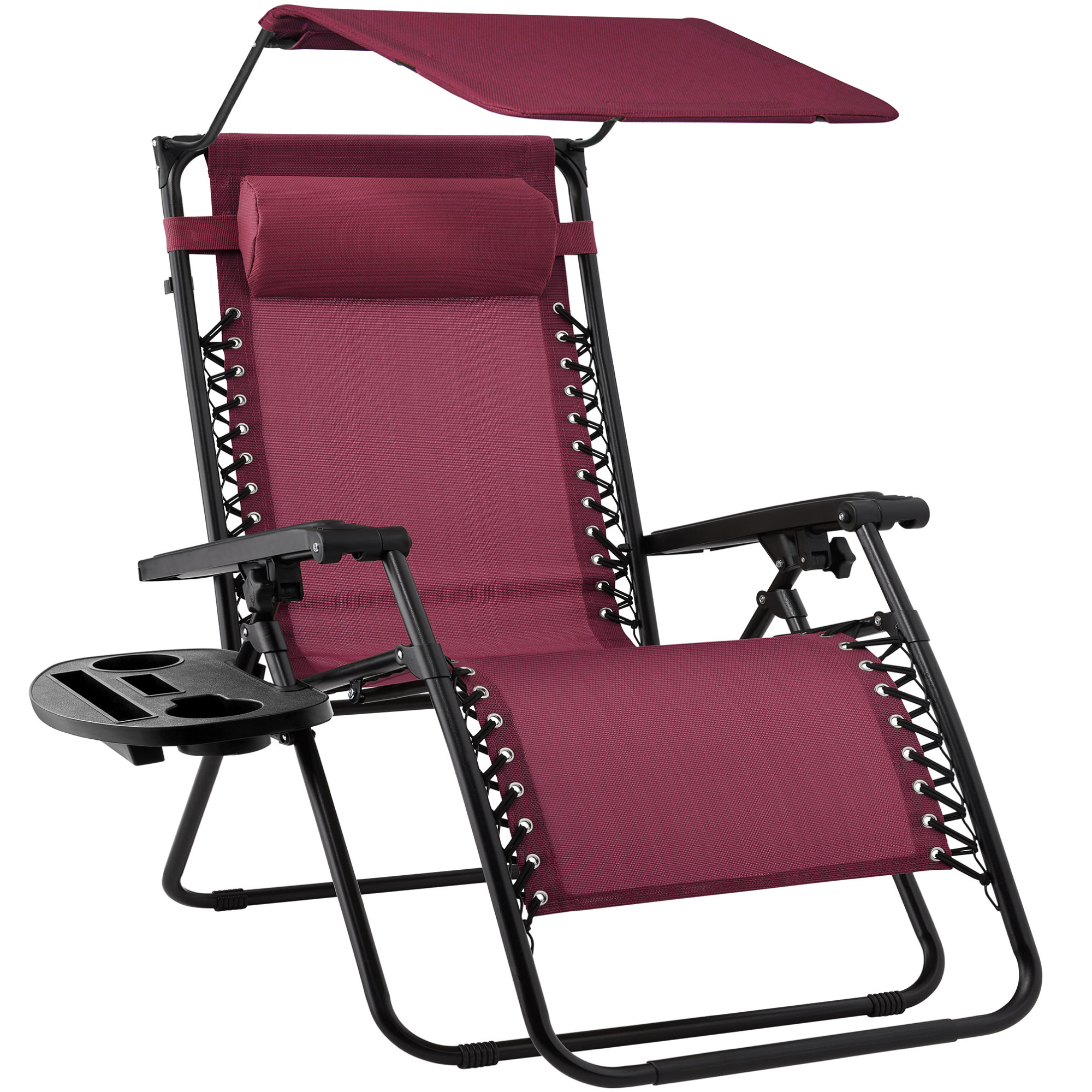 Folding Zero Gravity Chair, Patio Lounge Recliner w/ Canopy Shade, Headrest, Side Tray - Burgundy - Best Choice Products Online