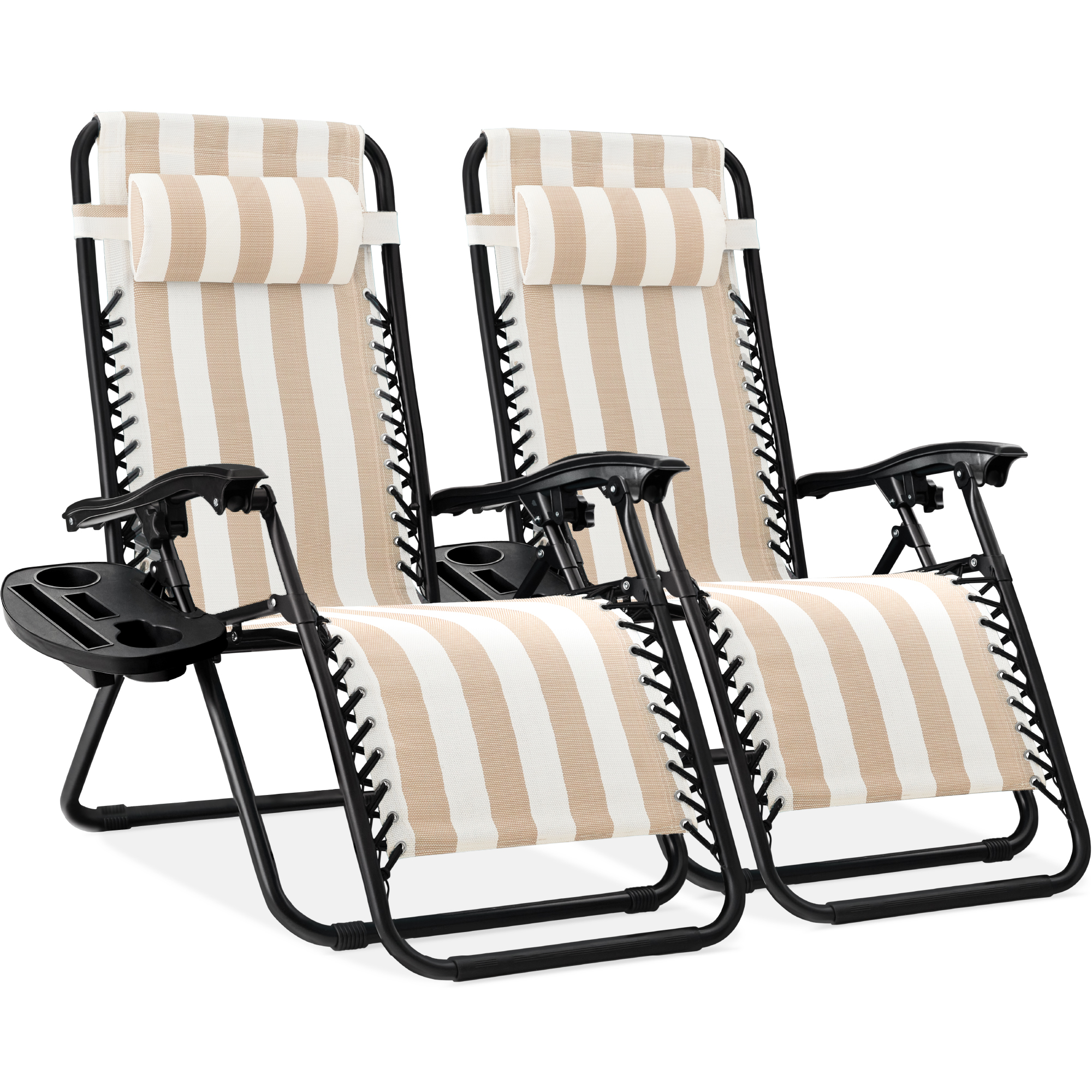 2-Pack Zero Gravity Chairs, Adjustable Lounge Recliners For Patio & Pool w/ Cup Holders - Tan Striped - Best Choice Products Online