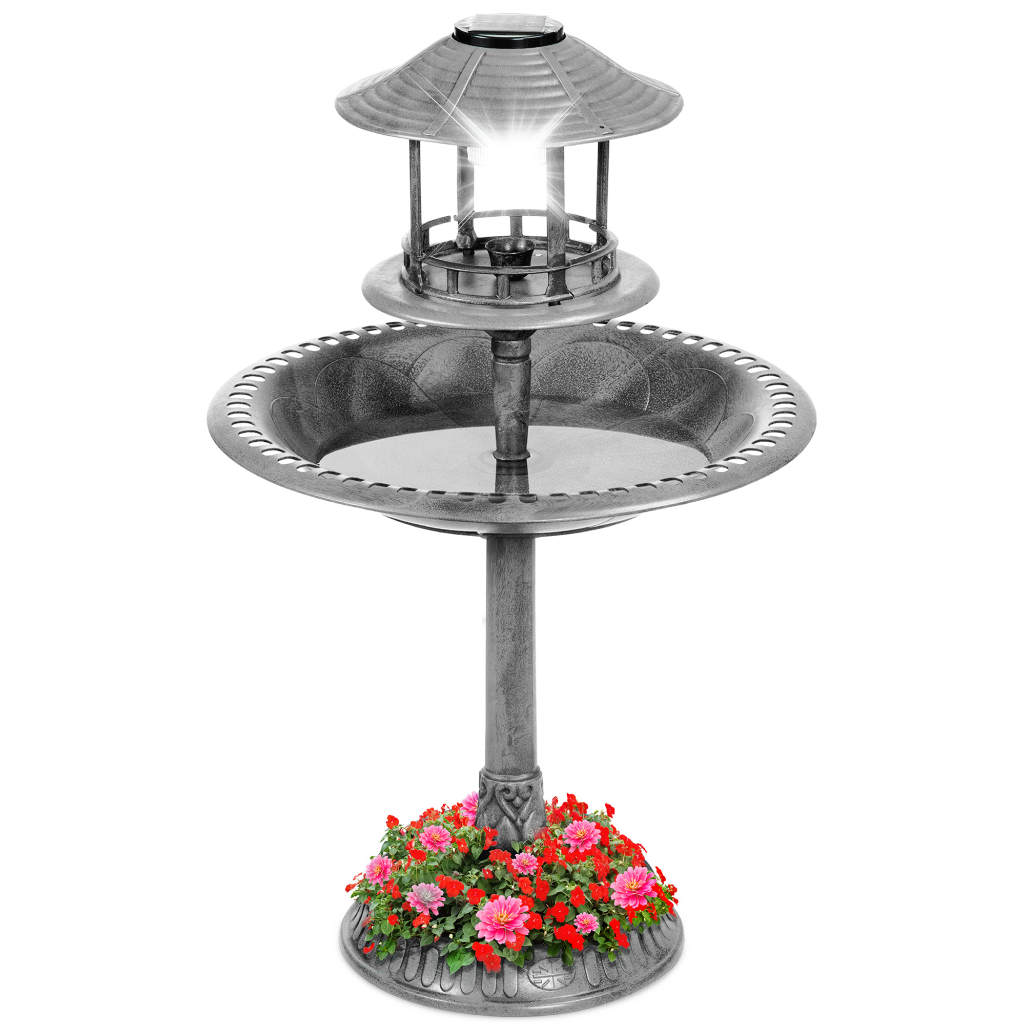 Solar Outdoor Bird Bath Pedestal Fountain Garden Decoration w/ Fillable Planter Base - Stone | Best Choice Products Online