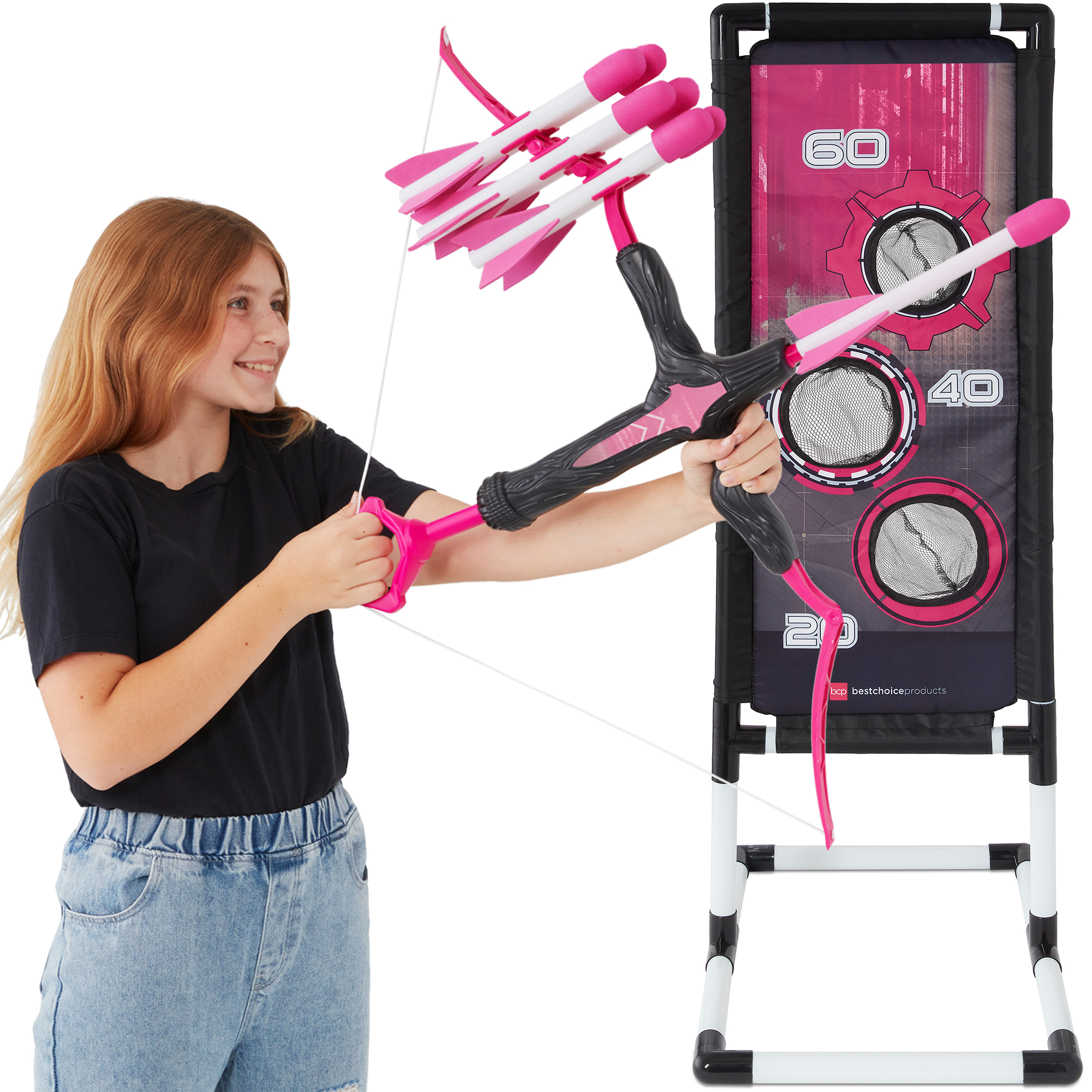 Toy Bow & Arrow Set, Childrens Play Archery Toy w/ Target Stand, 12 Arrows, Quiver - Pink - Best Choice Products Online