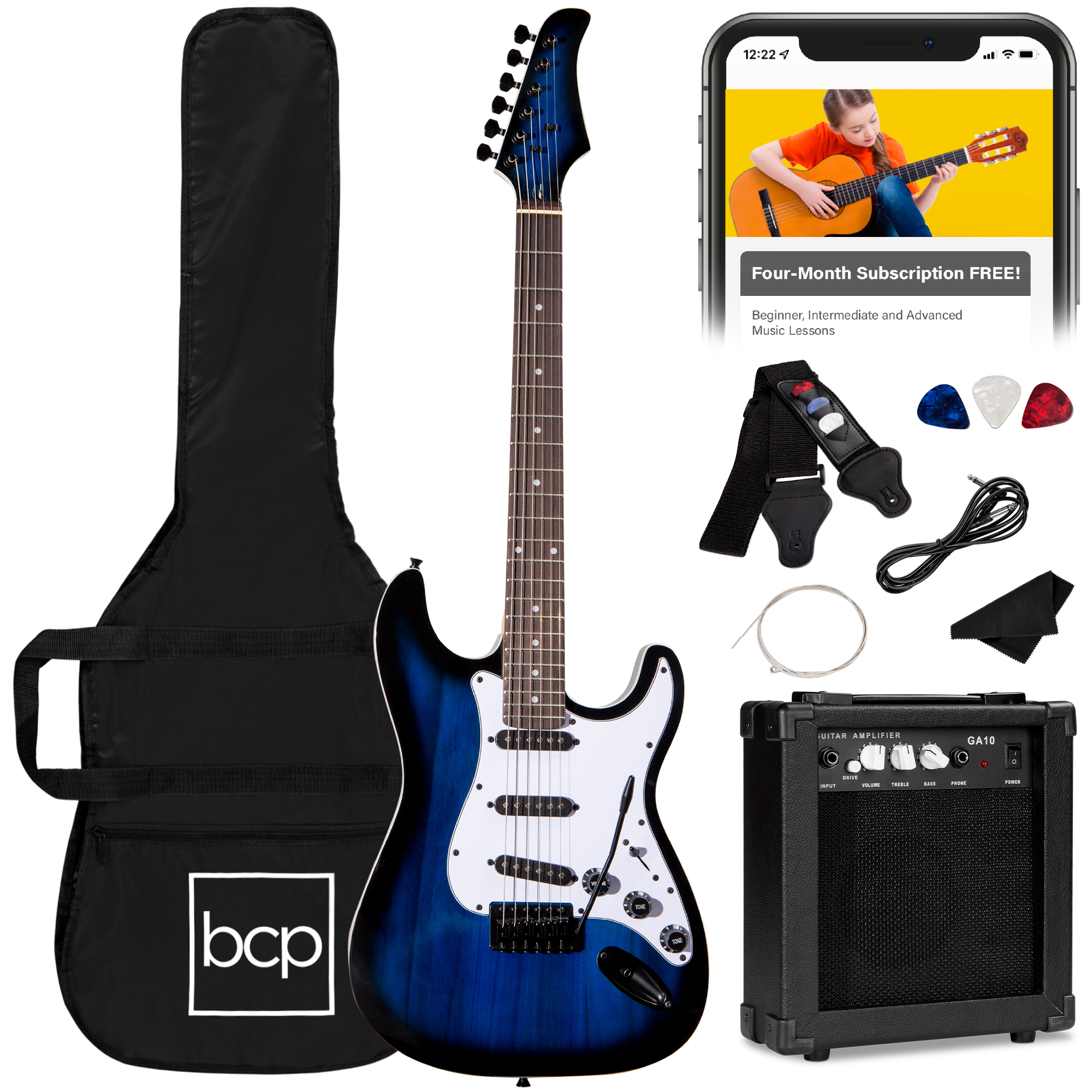 39in Full Size Beginner Electric Guitar Kit w/ Case, Strap, Amp, Whammy Bar - Hollywood Blue - Best Choice Products Online