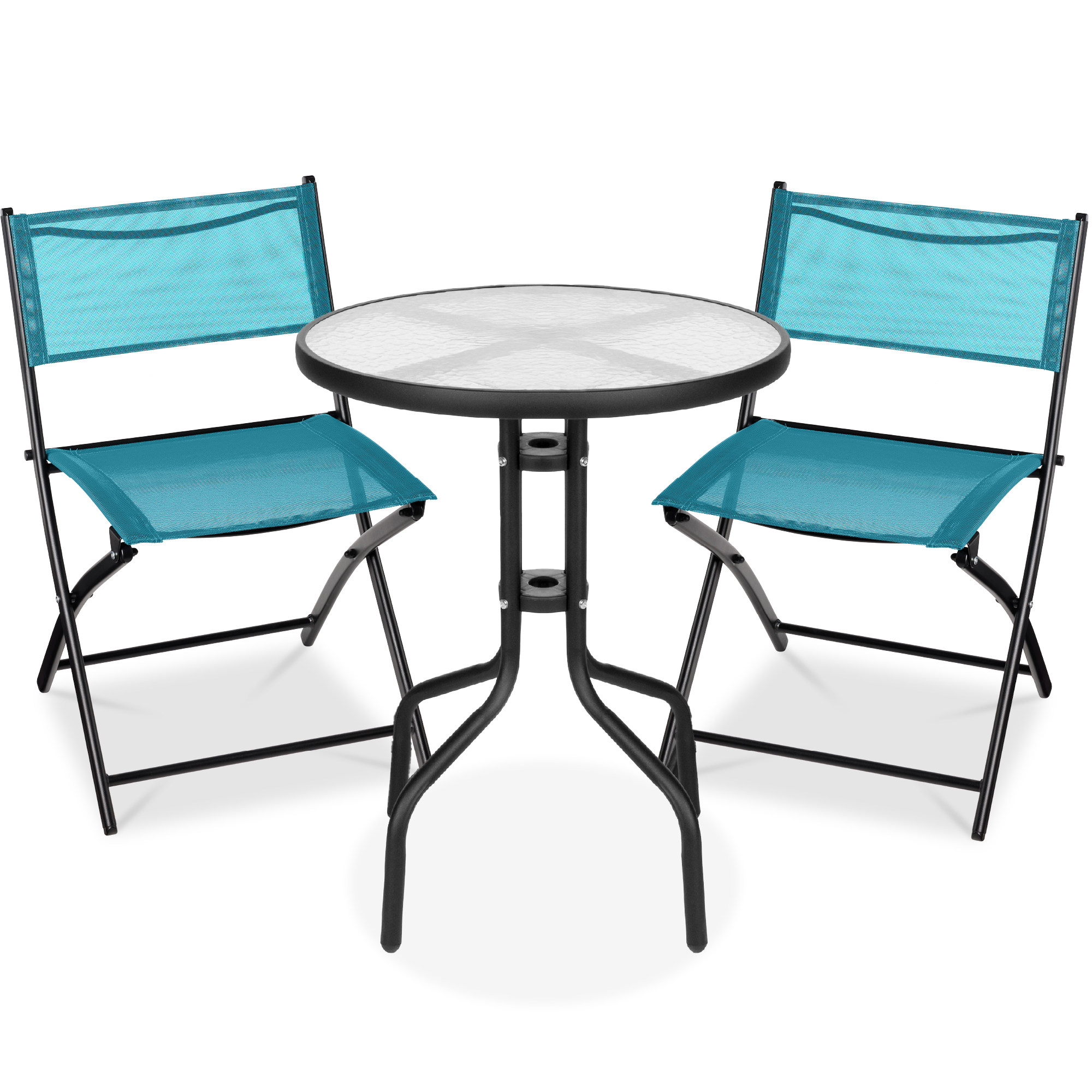 3-Piece Patio Bistro Dining Furniture Set w/ Glass Tabletop, Folding Chairs - Peacock - Best Choice Products Online