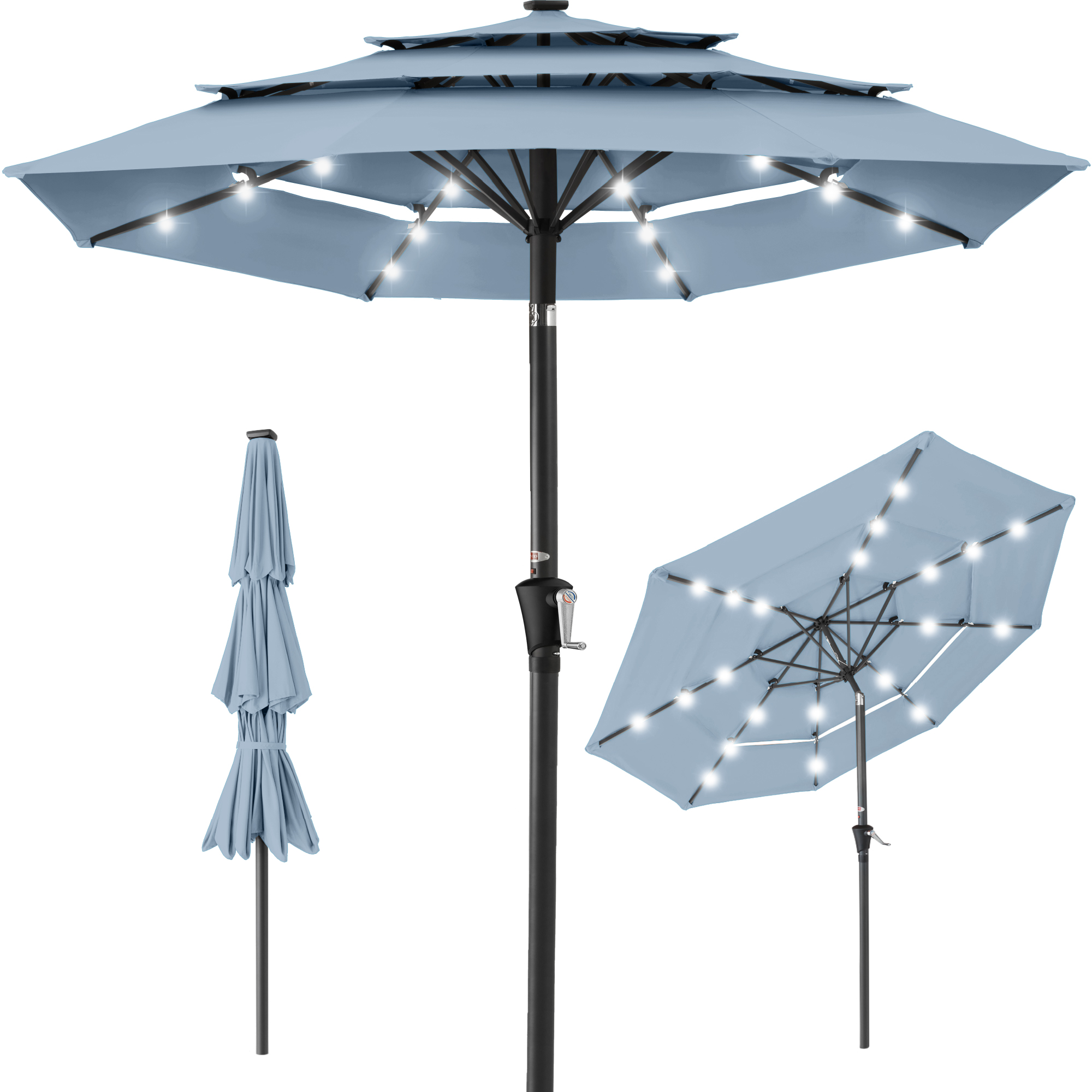 10ft 3-Tier Solar Patio Umbrella w/ 24 LED Lights, Tilt Adjustment, Easy Crank - Breeze Blue - Best Choice Products Online