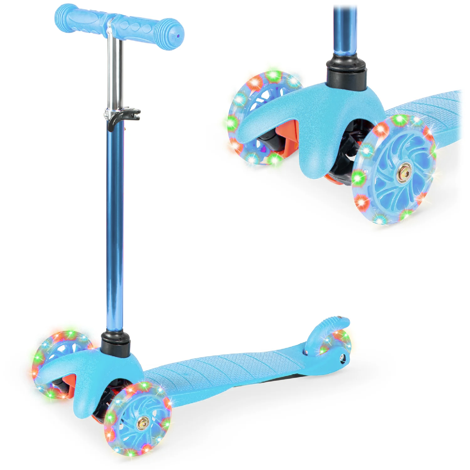 Mini Kick Scooter Toy For Kids w/ Light-Up Wheels & Height Adjustable T-Bar - Light Blue - Best Choice Products Online