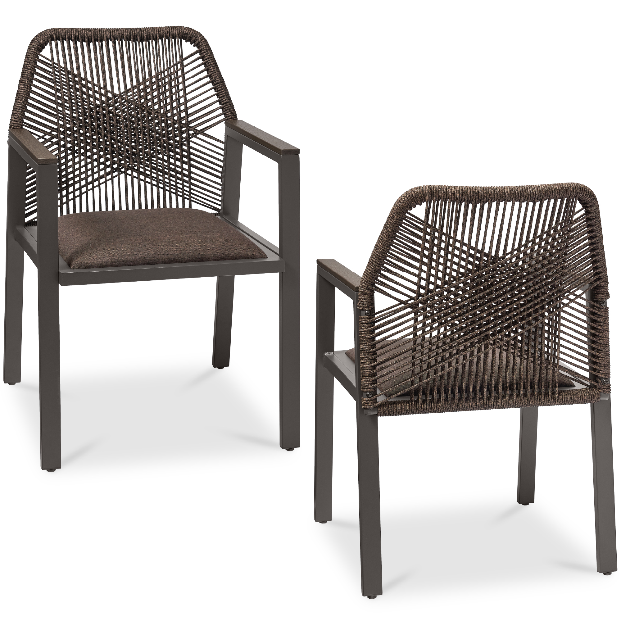 Set of 2 Indoor/Outdoor Aluminum Woven Rope Dining Chairs w/ Armrests - Brown/Mocha - Best Choice Products Online
