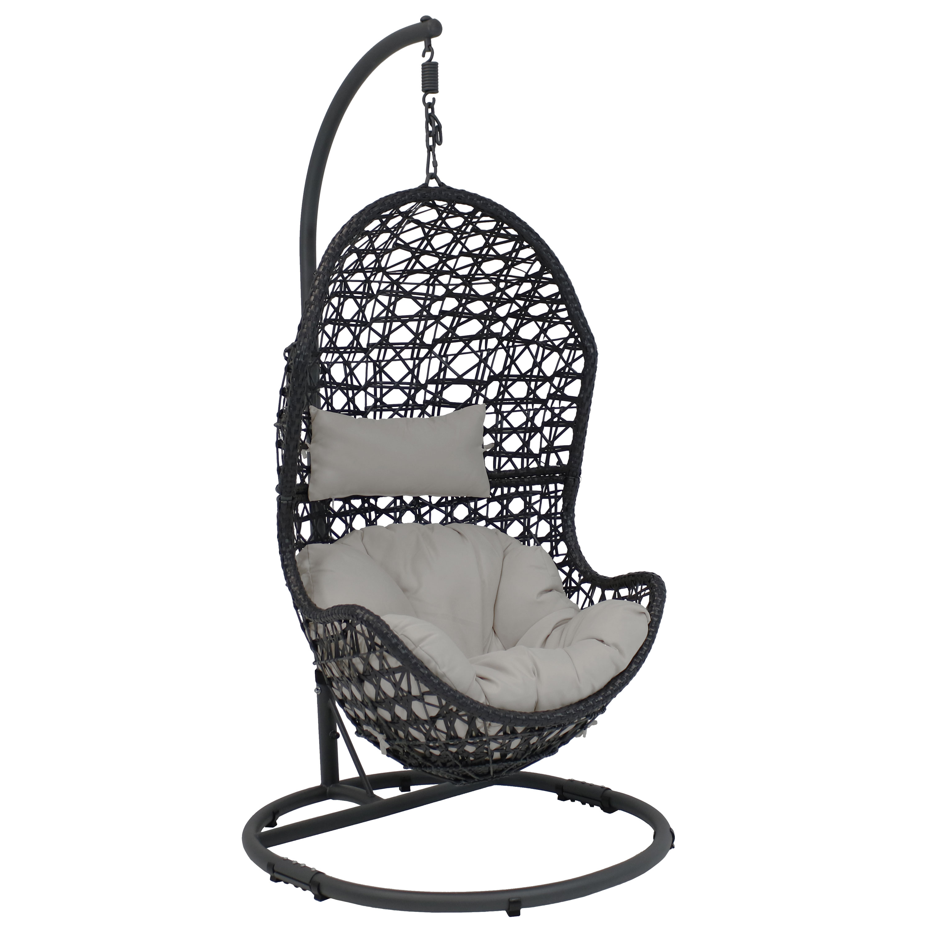 Sunnydaze Cordelia Hanging Egg Chair with Steel Stand Set, Resin Wicker, Large Basket Design, Outdoor Use, Includes Cushion, Gray