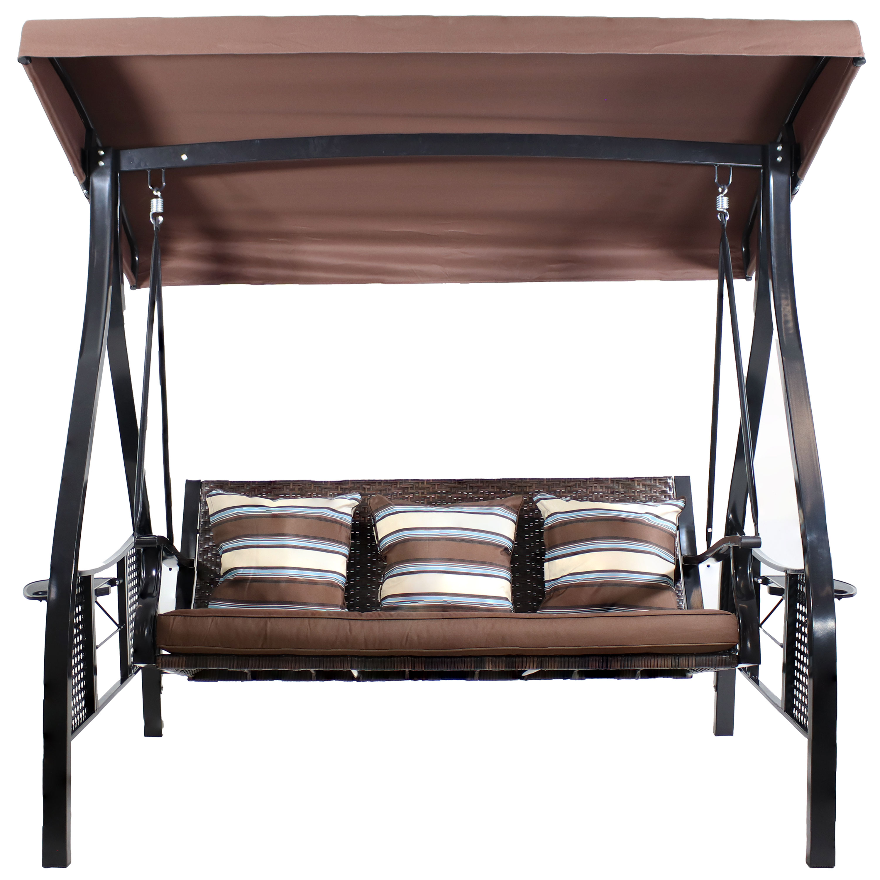 Sunnydaze Deluxe Steel Frame Cushioned Garden Swing with Canopy and Side Tables, 3-Person, for Patio or Yard, Brown Stripe/Black Frame