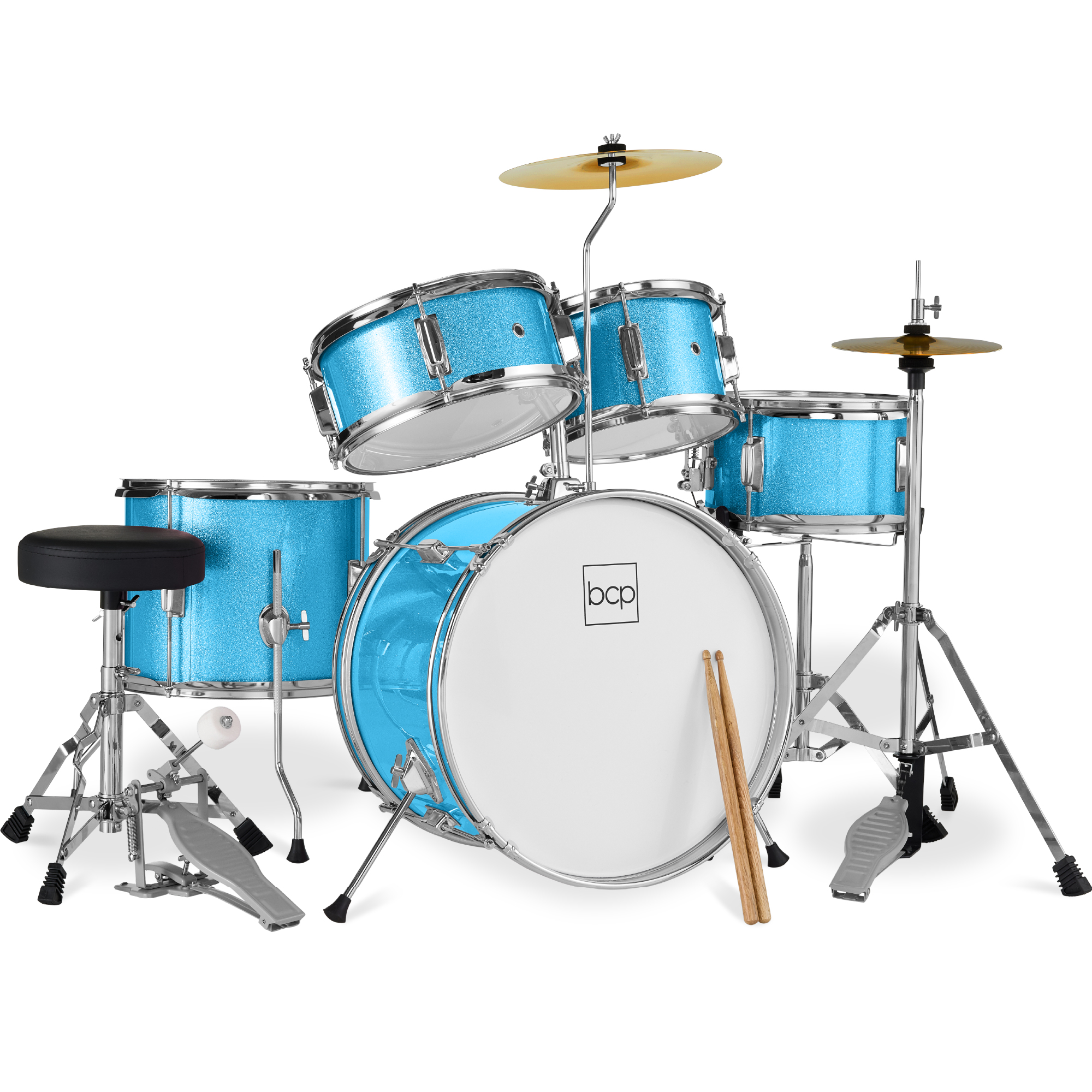 Best Choice Products 5-Piece Kids Beginner Junior Drum Set, Percussion Instrument Starter Kit w/ Stool - Blue Sparkle