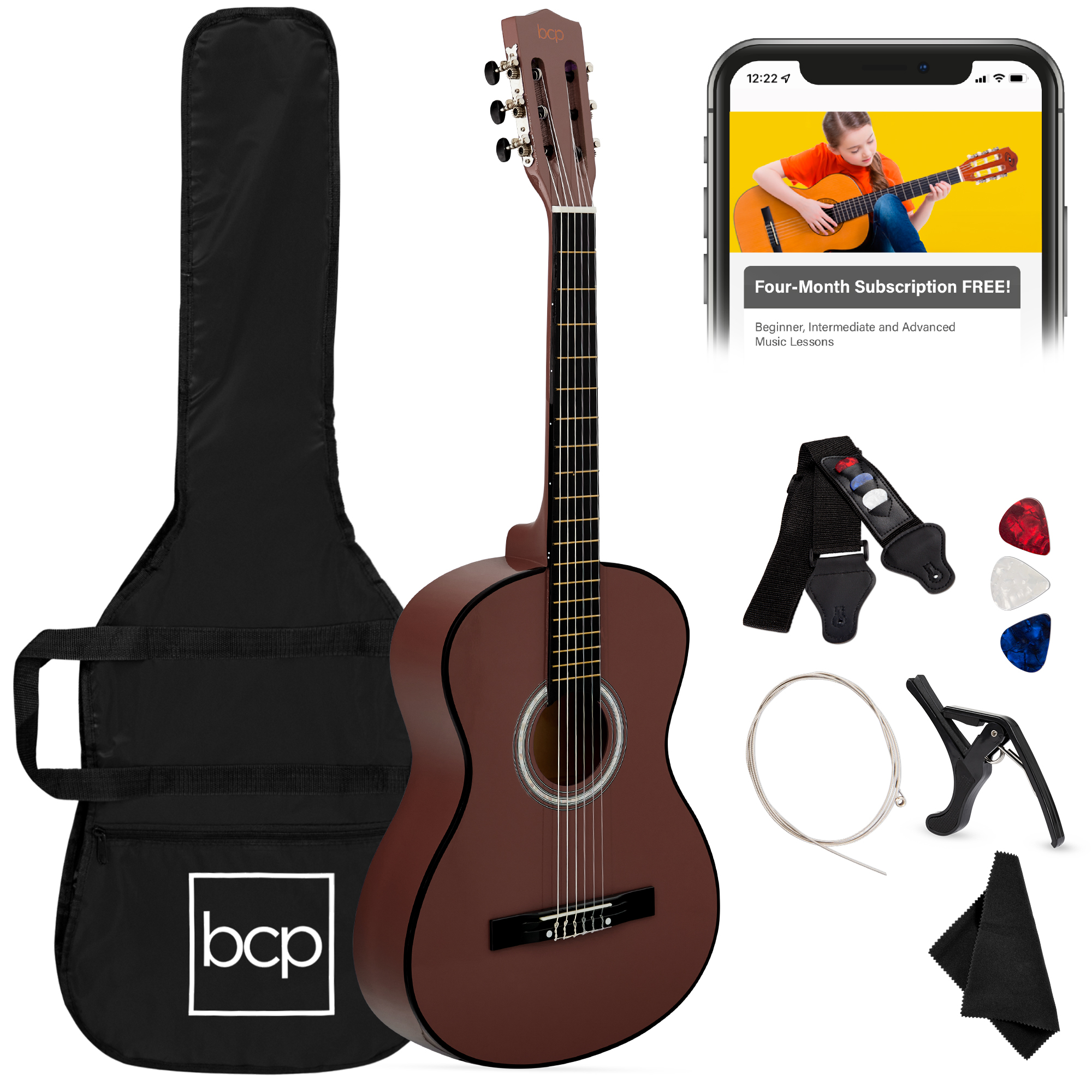 38in Beginner Acoustic Guitar Starter Kit w/ Case, Strap, Digital Tuner, Strings - Dark Brown - Best Choice Products Online