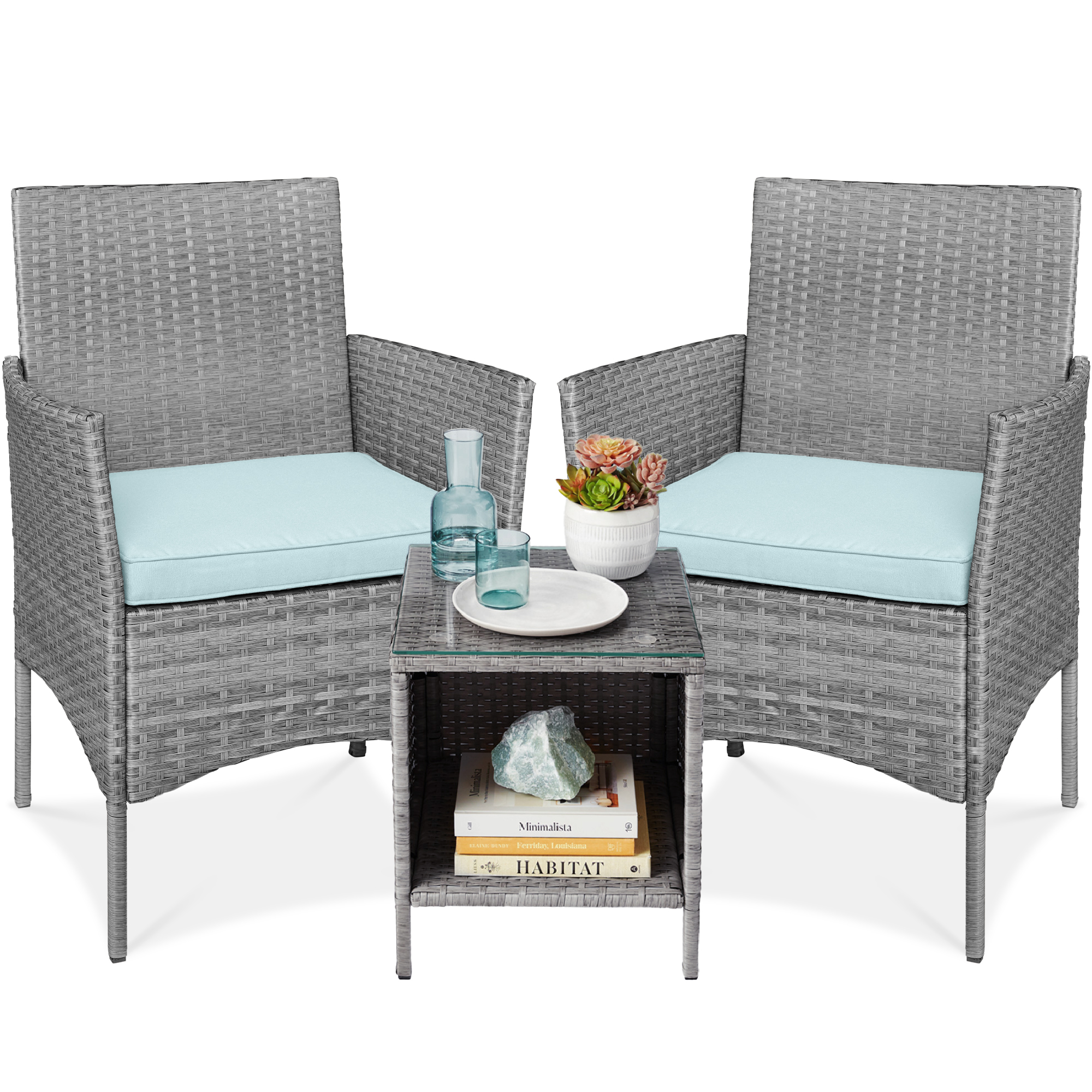 3-Piece Outdoor Wicker Conversation Bistro Set, Patio Chat Furniture w/ Side Storage Table - Gray/Pastel Blue - Best Choice Products Online