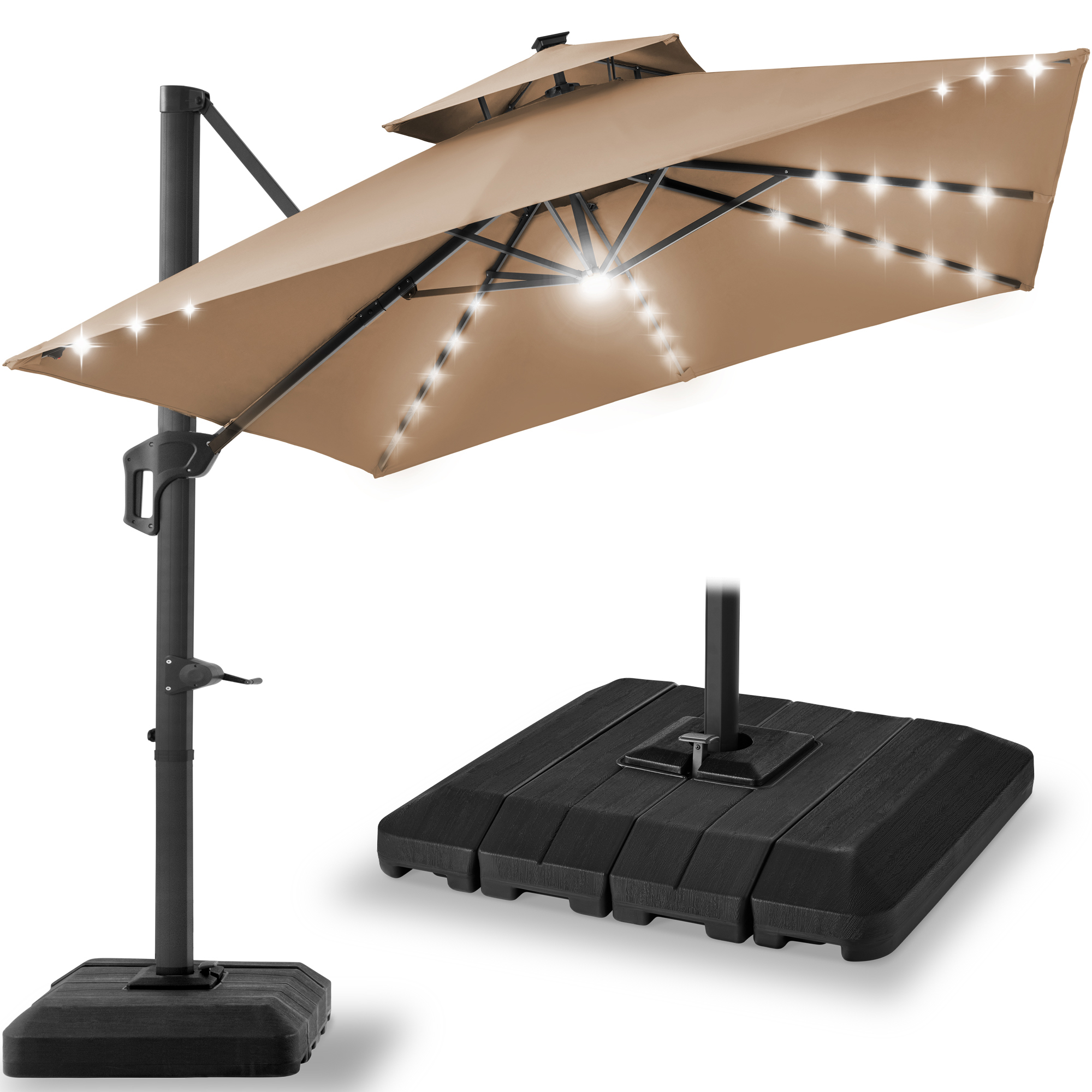 10ft 2-Tier Square Outdoor Solar LED Cantilever Patio Umbrella w/ Base Included - Tan - Best Choice Products Online