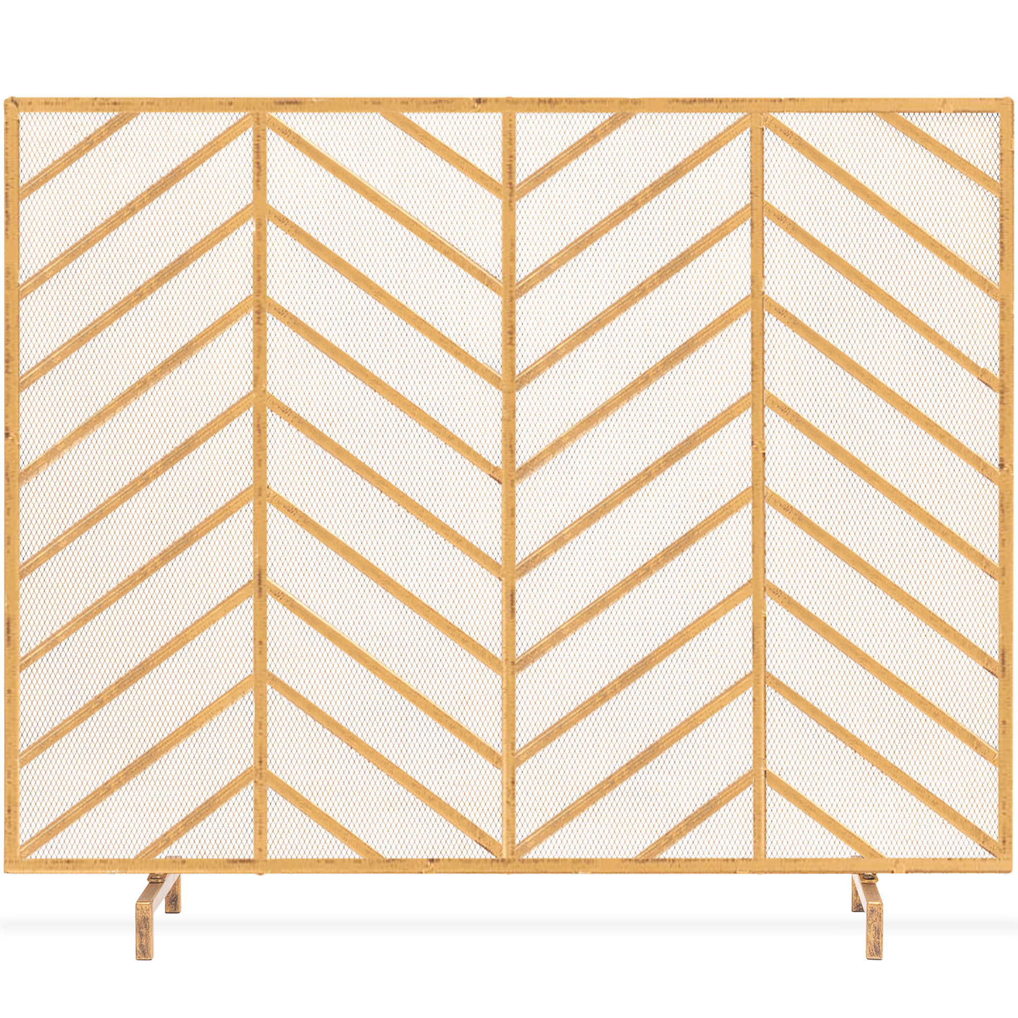 Single Panel Handcrafted Iron Chevron Fireplace Screen w/ Distressed Finish - 38in x 31in, Gold | Best Choice Products Online