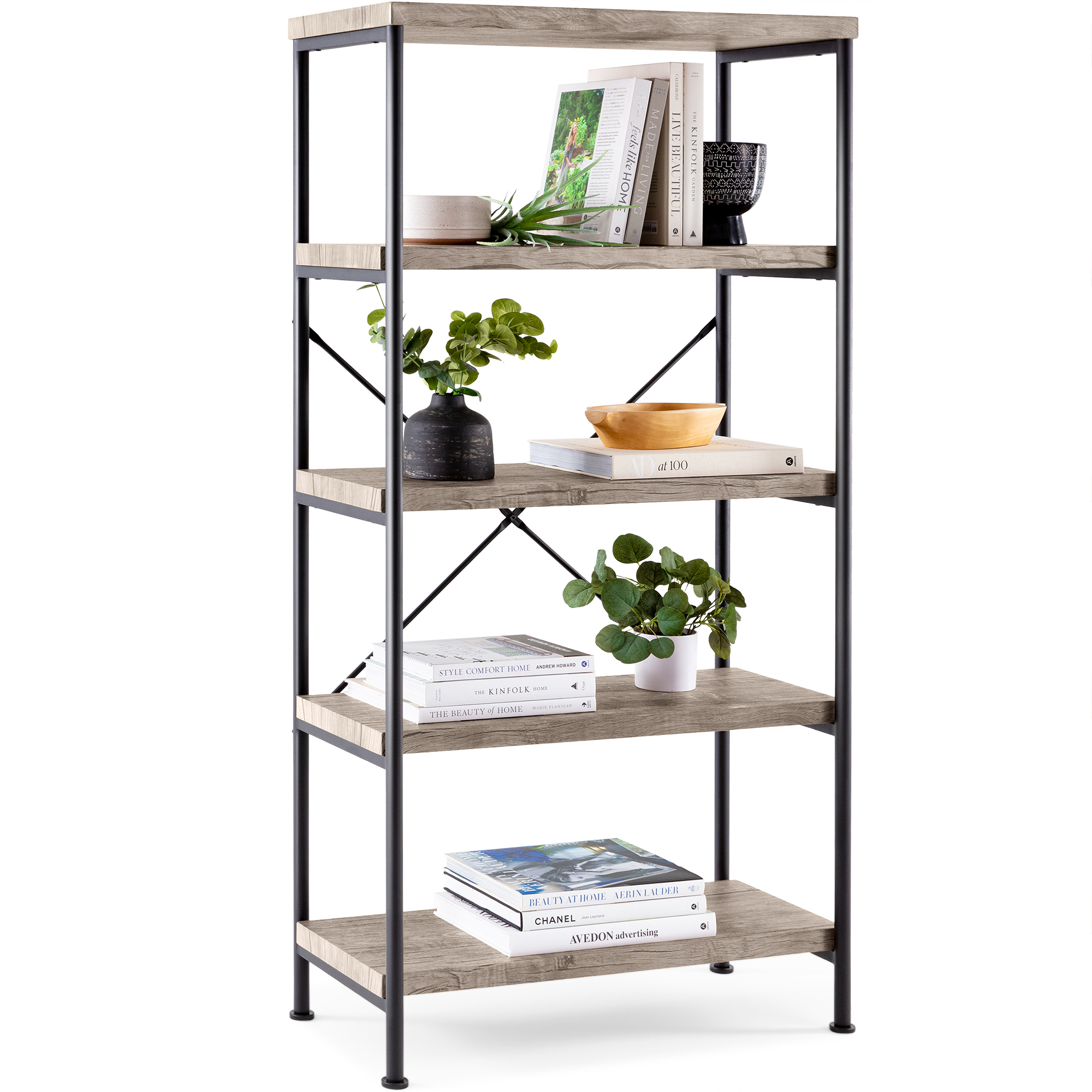 5-Tier Bookshelf Display, Rustic Industrial Accent Décor w/ Metal Frame, Wood Shelves - Gray | Best Choice Products Online