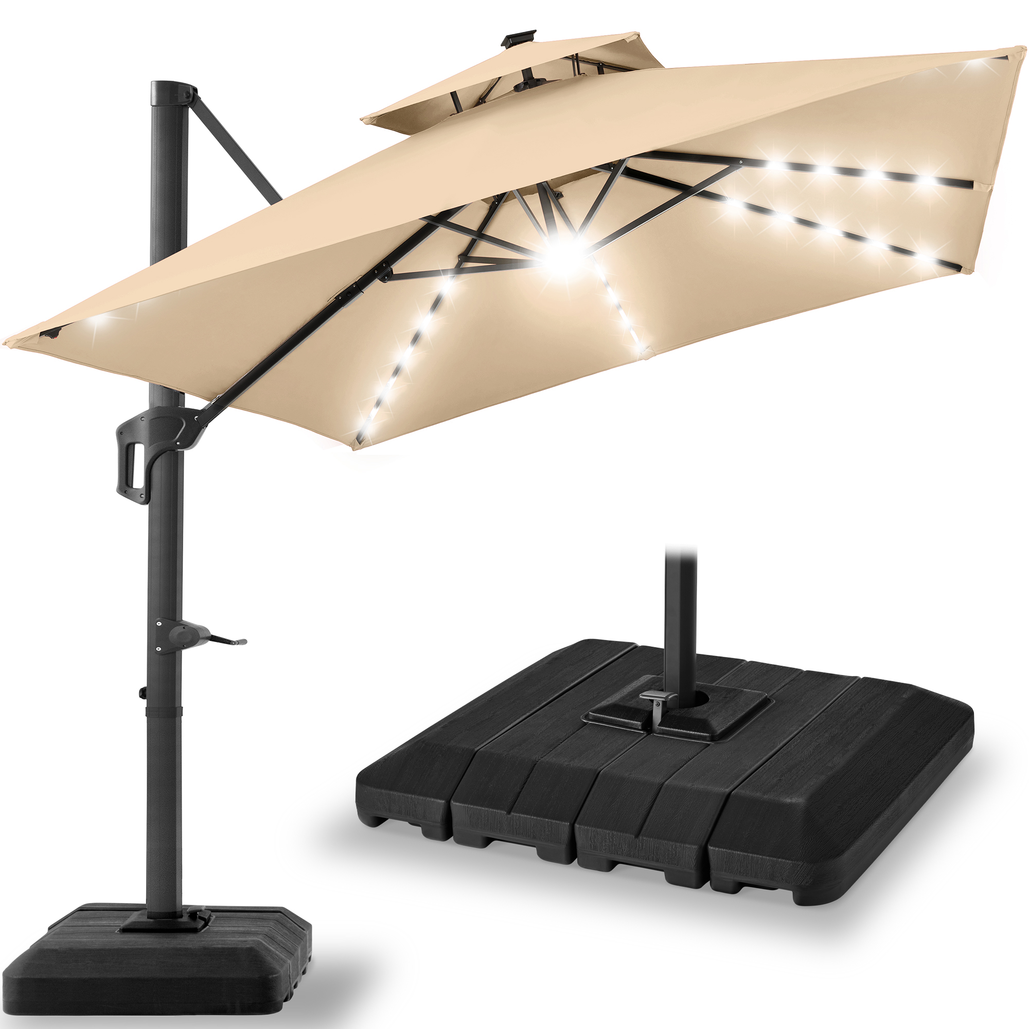 10ft 2-Tier Square Outdoor Solar LED Cantilever Patio Umbrella w/ Base Included - Sand - Best Choice Products Online