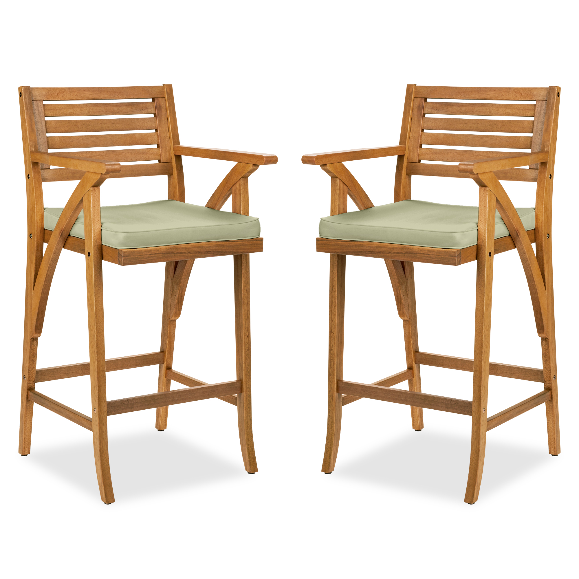 2 Outdoor Acacia Wood Bar Stools, Bar Chairs w/ Weather-Resistant Cushions - Sage - Best Choice Products Online