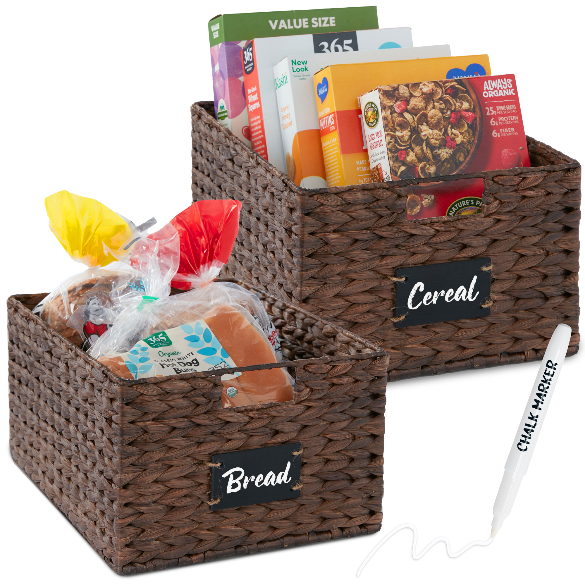 2-Set 16in Woven Water Hyacinth Pantry Baskets w/ Chalkboard Label, Chalk Marker - Brown - Best Choice Products Online