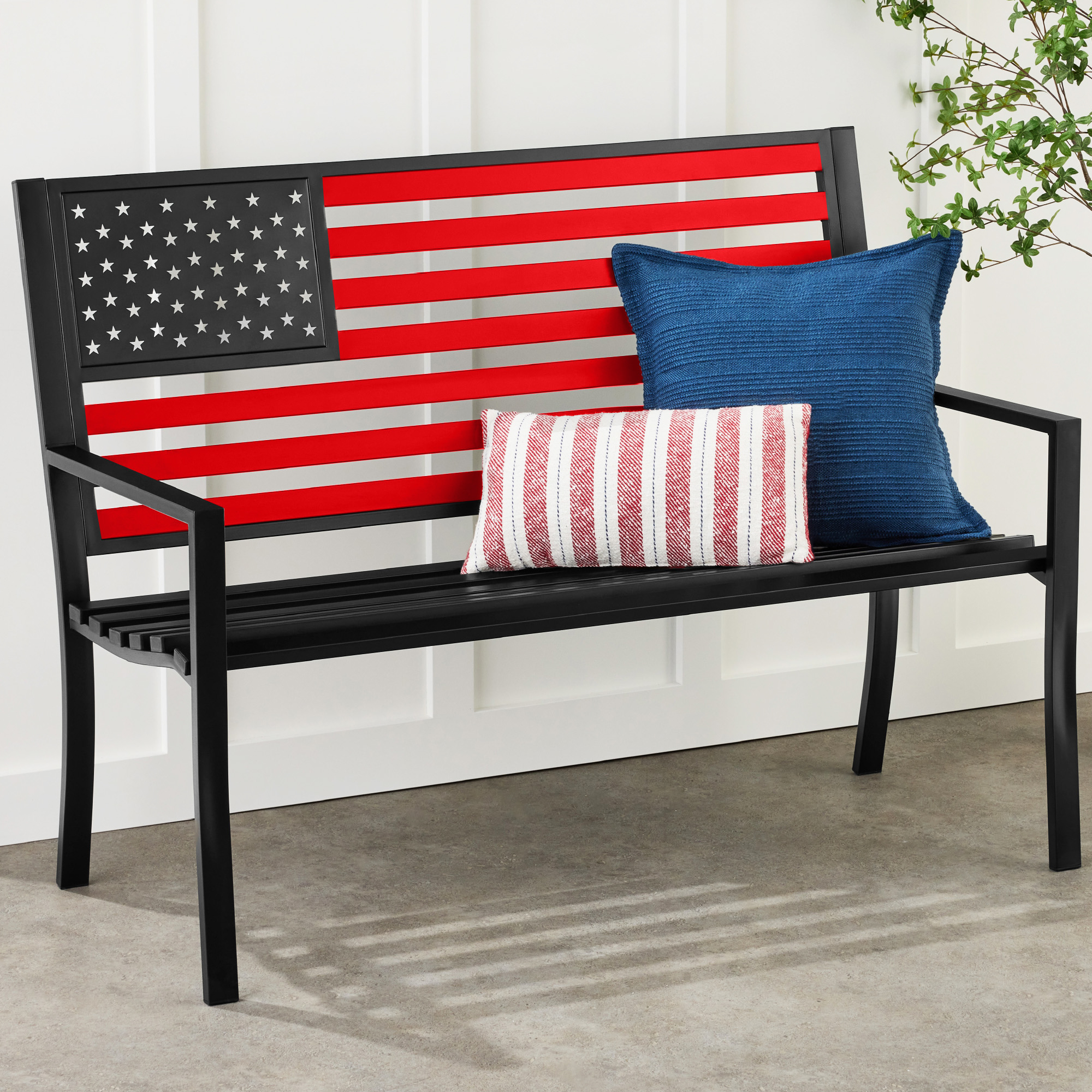 Indoor Outdoor Steel Garden Bench w/ American Flag Backrest, 790lb Capacity - Black/Red - Best Choice Products Online
