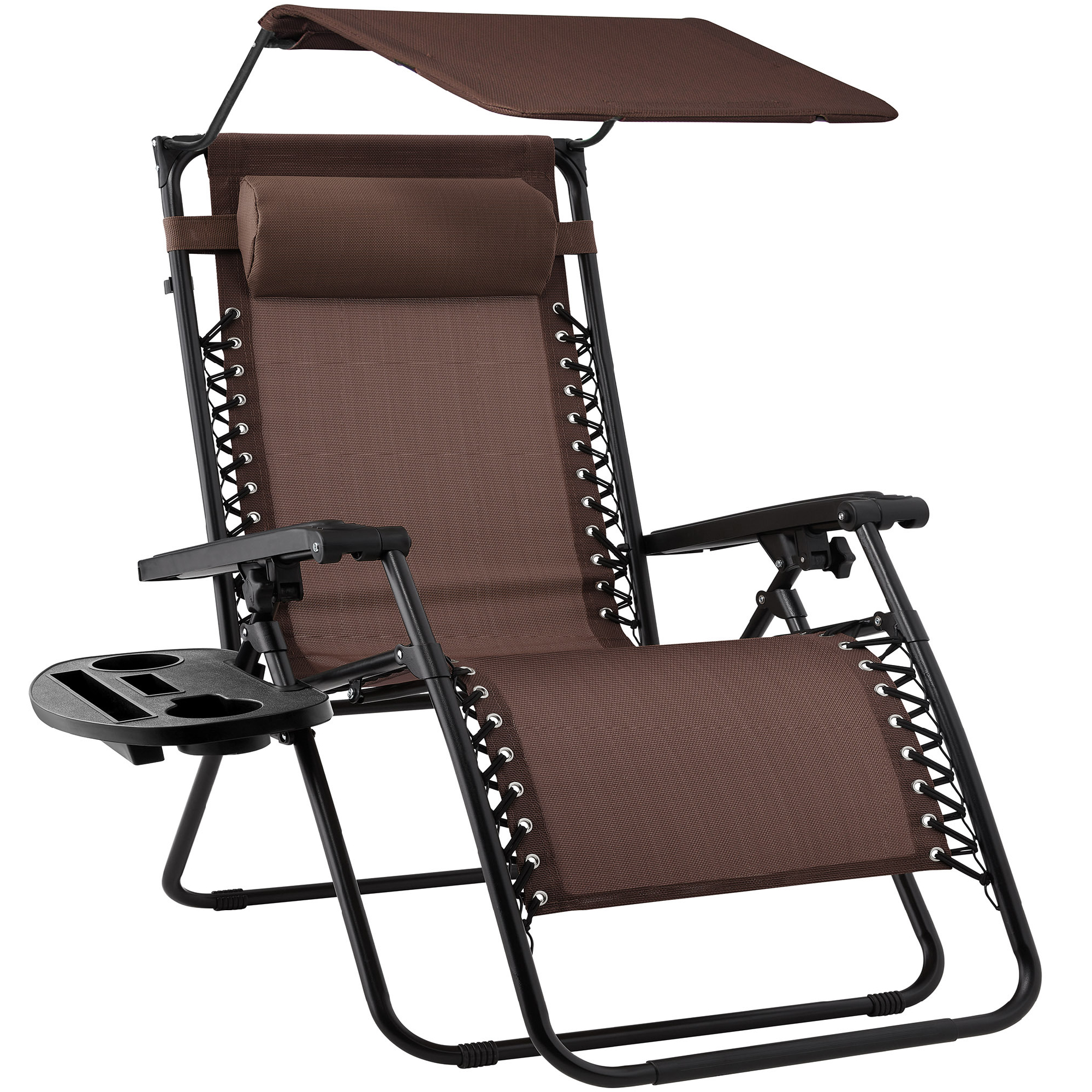 Folding Zero Gravity Chair, Patio Lounge Recliner w/ Canopy Shade, Headrest, Side Tray - Brown - Best Choice Products Online