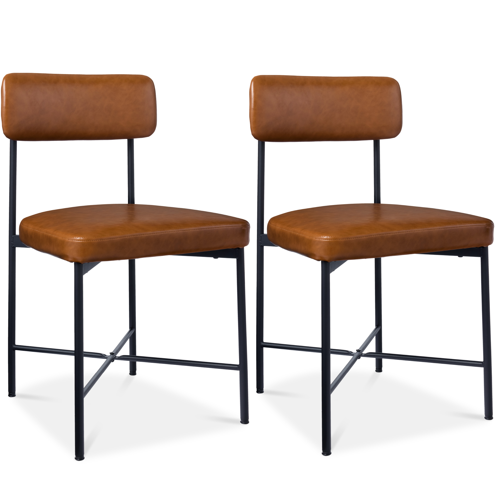 Faux Leather Dining Chair Set of 2, Standard Height w/ Metal Frame - Caramel Brown - Best Choice Products Online