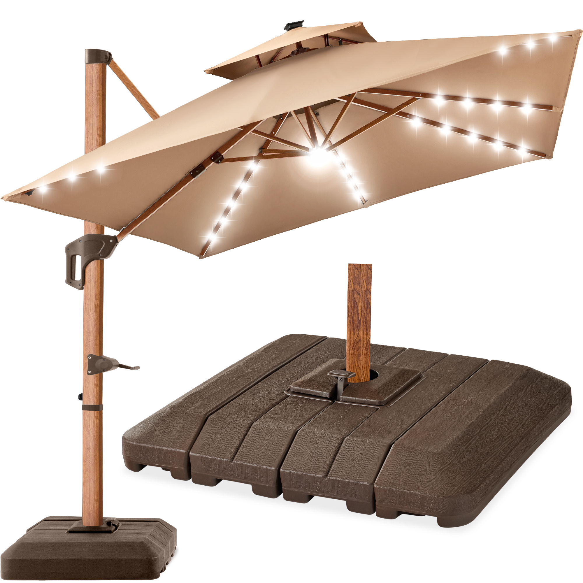 10ft Square Woodgrain Pattern 2-Tier Outdoor Solar LED Cantilever Umbrella w/ Base - Tan - Best Choice Products Online