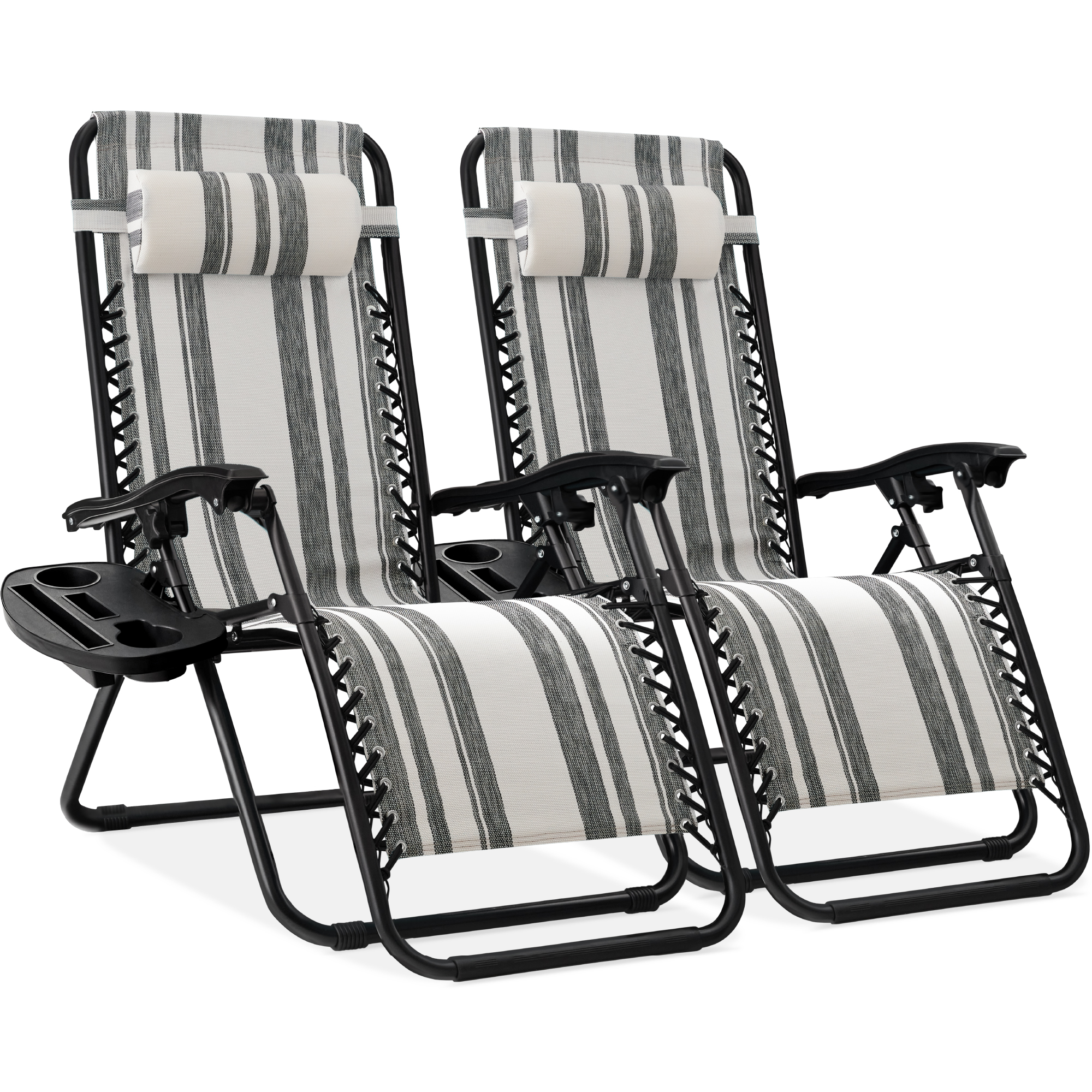 2-Pack Zero Gravity Chairs, Adjustable Lounge Recliners For Patio & Pool w/ Cup Holders - Gray Stripes - Best Choice Products Online