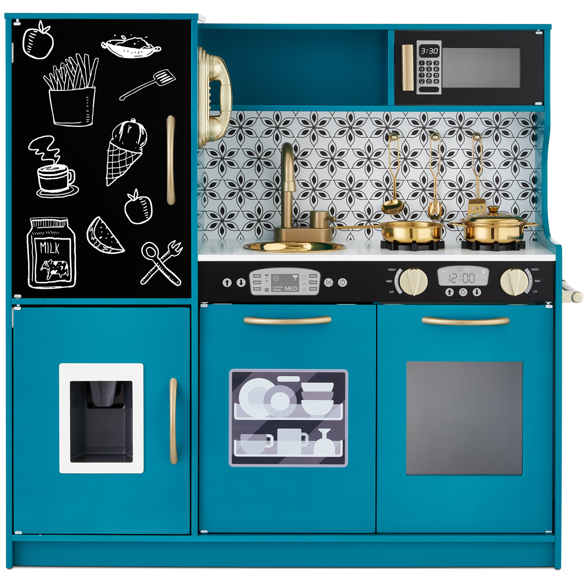 Pretend Play Kitchen Wooden Toy Set for Kids w/ Telephone, Utensils, Oven, Microwave - Teal - Best Choice Products Online