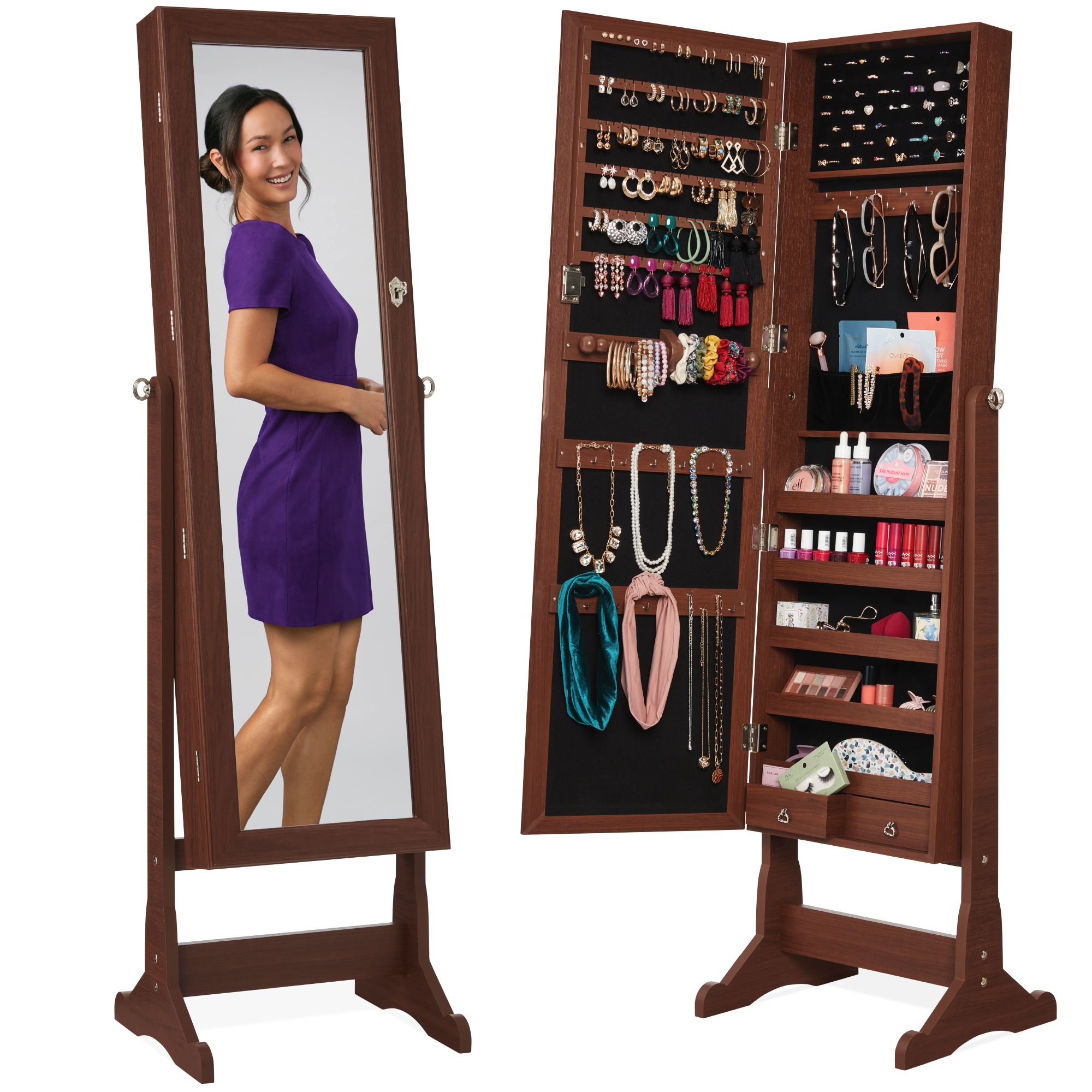 Standing Mirrored Jewelry Armoire Organizer, Lockable Full Length Storage Cabinet w/ Velvet Interior - Walnut - Best Choice Products Online
