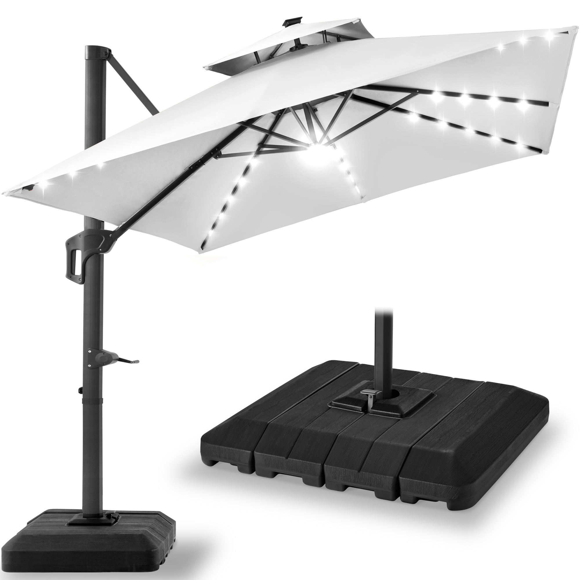 10ft 2-Tier Square Outdoor Solar LED Cantilever Patio Umbrella w/ Base Included - Fog Gray - Best Choice Products Online
