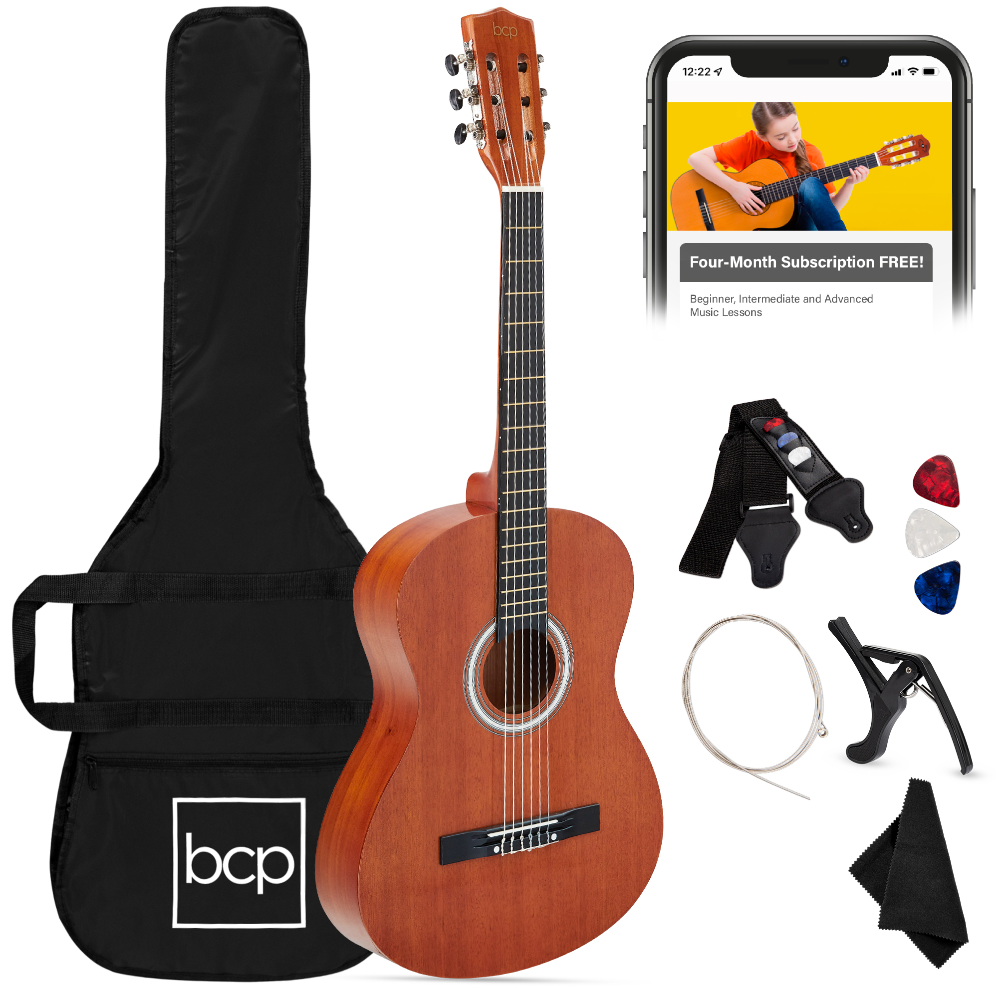 38in Beginner Acoustic Guitar Starter Kit w/ Case, Strap, Digital Tuner, Strings - Natural Mahogany - Best Choice Products Online