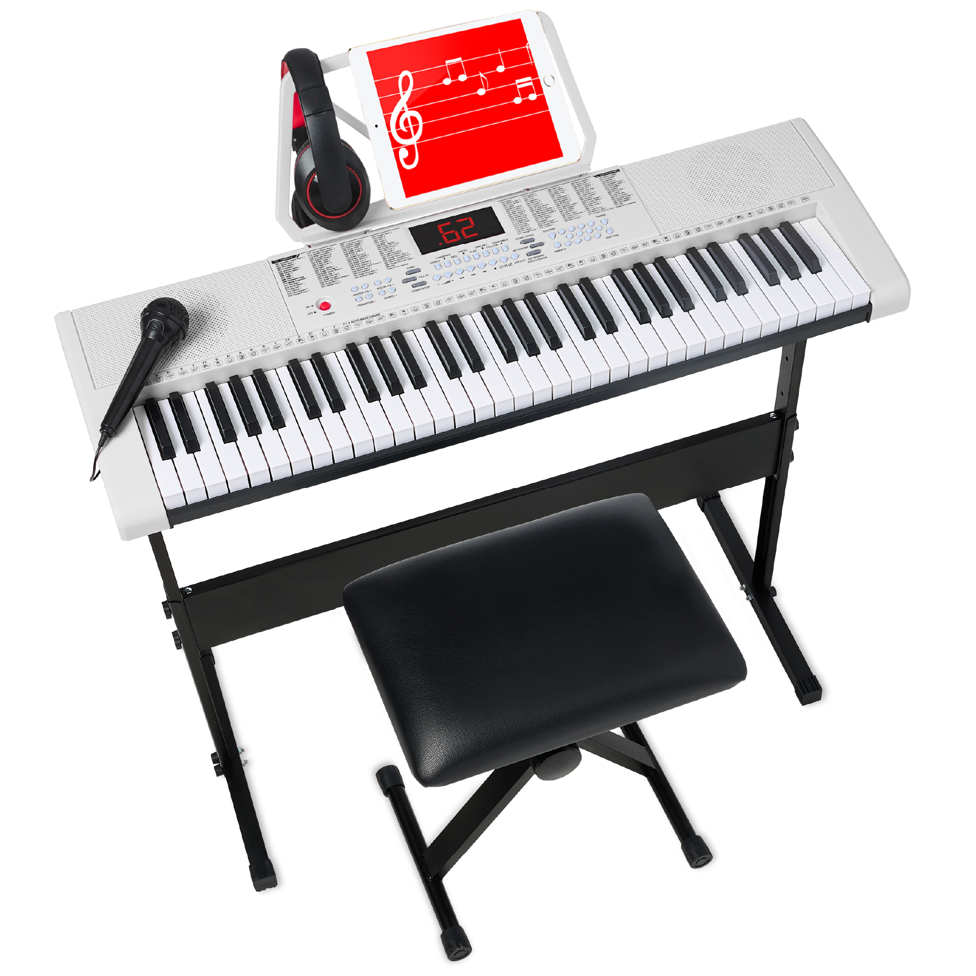 61-Key Beginners Ultimate Bundle Electronic Keyboard Piano Set w/ 3 Teaching Modes, Microphone, Headphone, Demo Songs - White - Best Choice Products