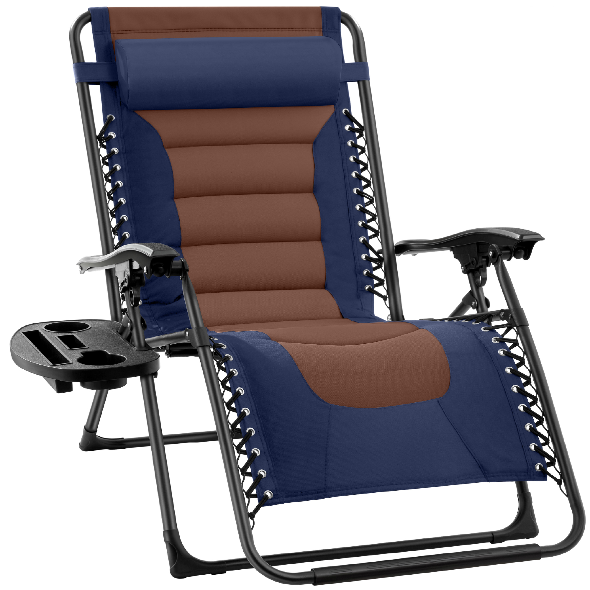 Best Choice Products Oversized Padded Zero Gravity Chair, Folding Outdoor Patio Recliner w/ Side Tray - Navy/Brown