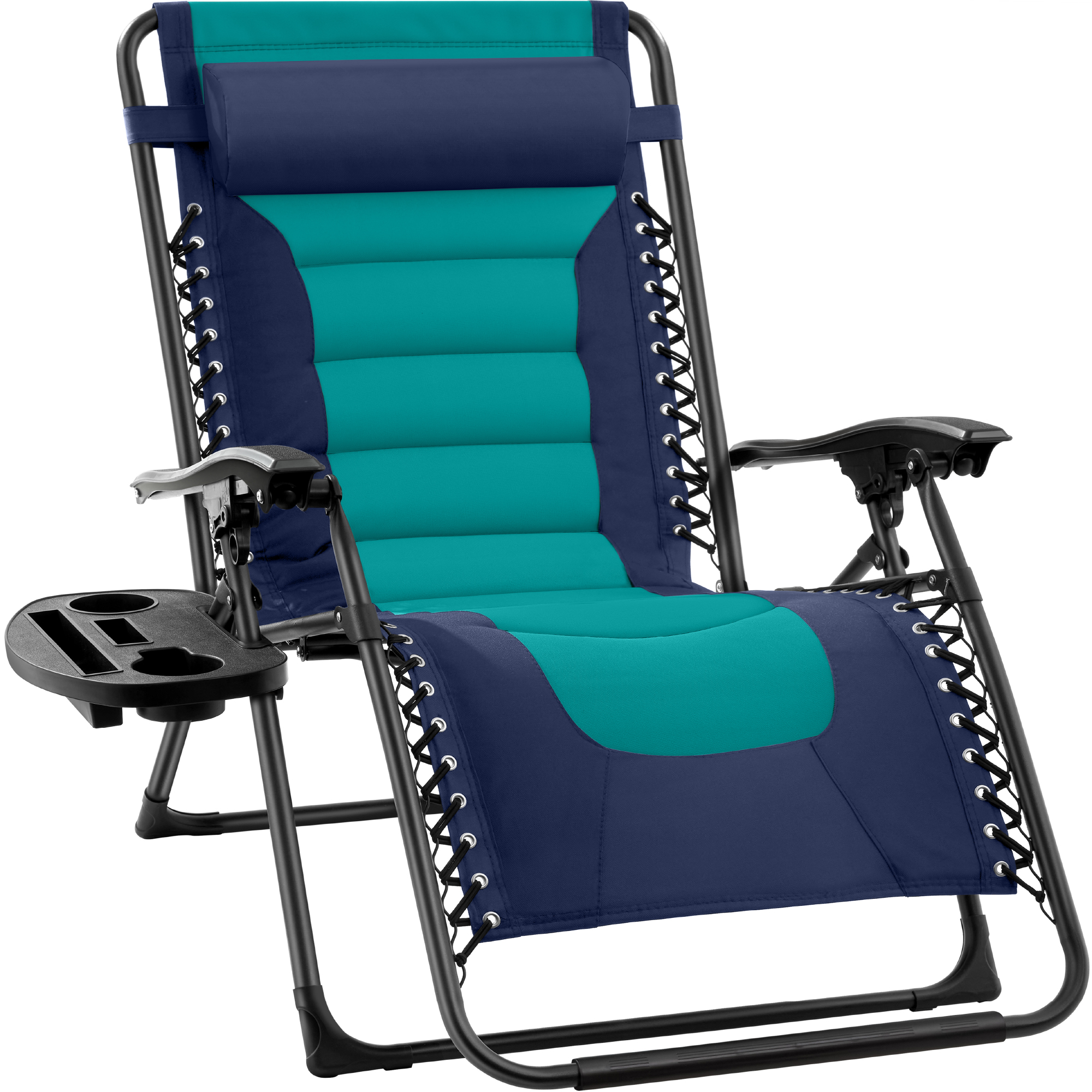 Oversized Padded Zero Gravity Chair, Folding Outdoor Patio Recliner w/ Side Tray - Navy/Teal - Best Choice Products Online