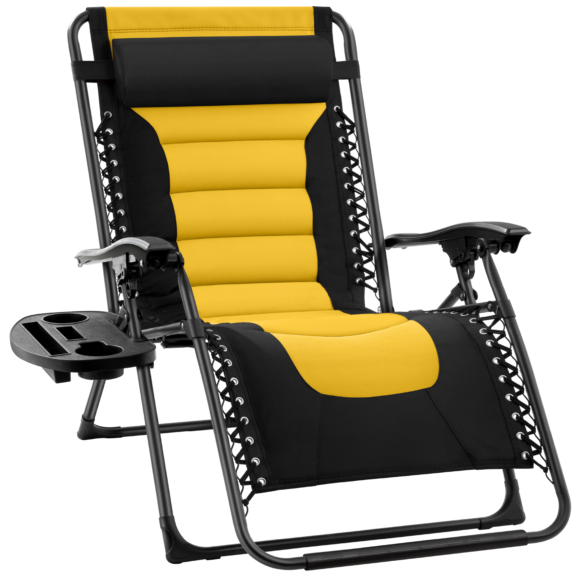 Oversized Padded Zero Gravity Chair, Folding Outdoor Patio Recliner w/ Side Tray - Black/Yellow - Best Choice Products Online