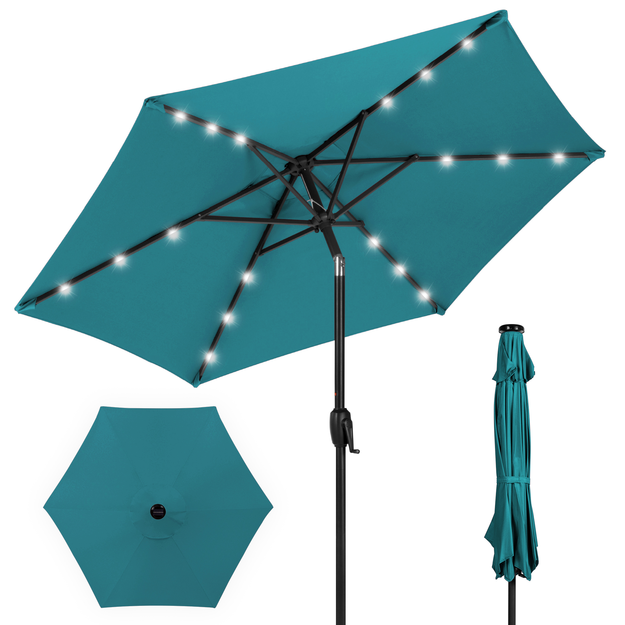 7.5ft Patio Umbrella w/ Solar LED Lights For Deck, Pool w/ Push Button Tilt & Easy Crank Lift - Cerulean - Best Choice Products Online
