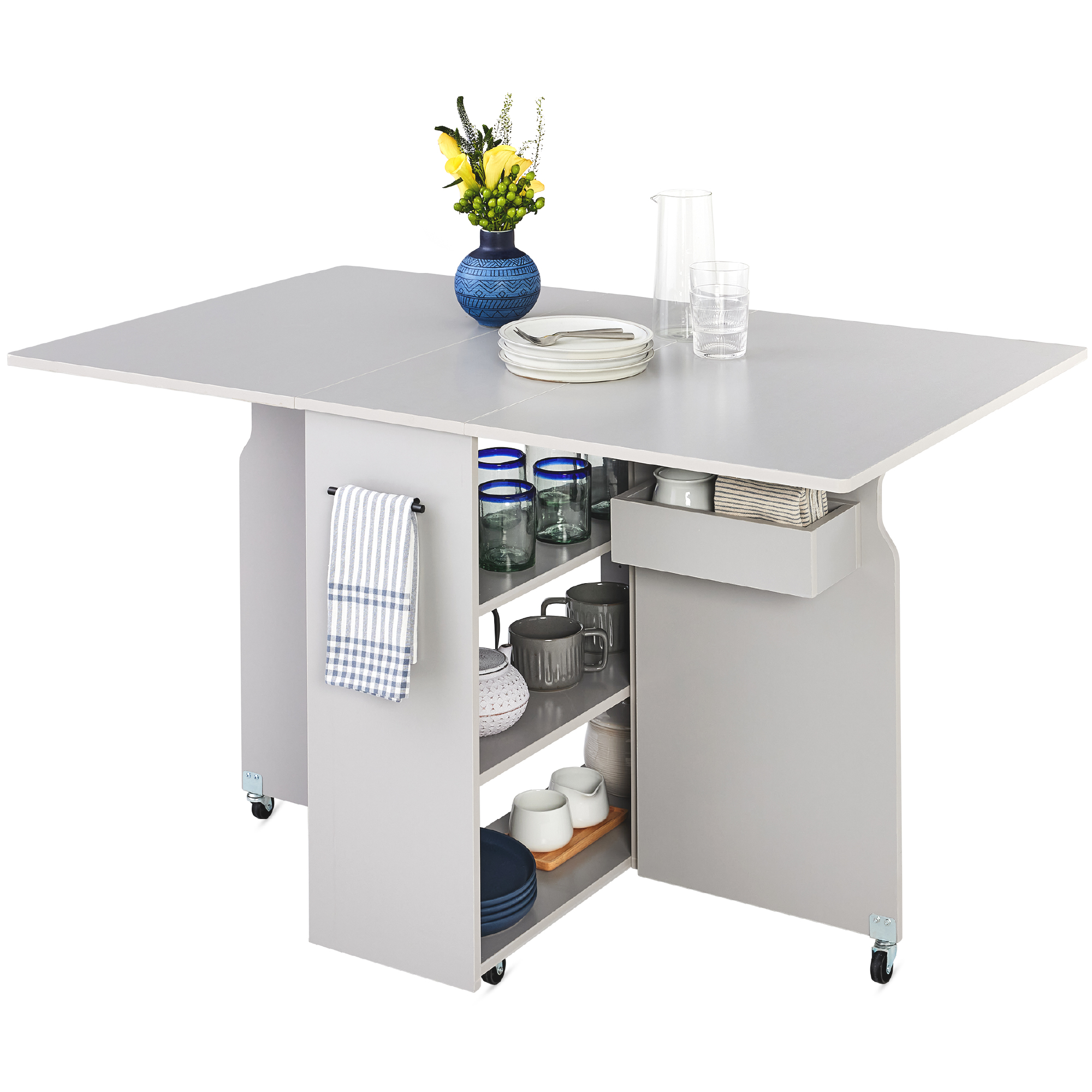 Multipurpose Folding Table w/ Built-in Wheels, 3 Storage Shelves, Cubby, Carrying Handle - Cement Gray - Best Choice Products Online