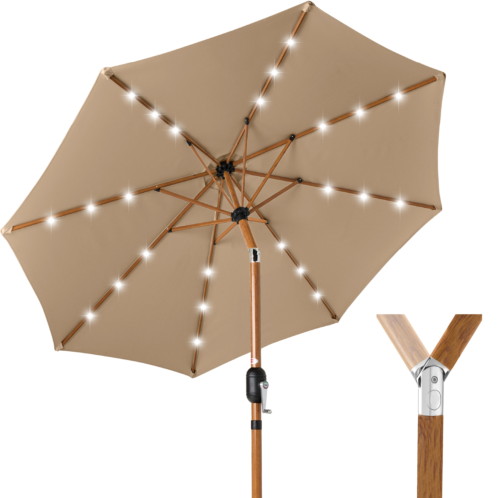 Best Choice Products 10ft Solar LED Lighted Outdoor Woodgrain Pattern Steel Market Patio Umbrella - Tan