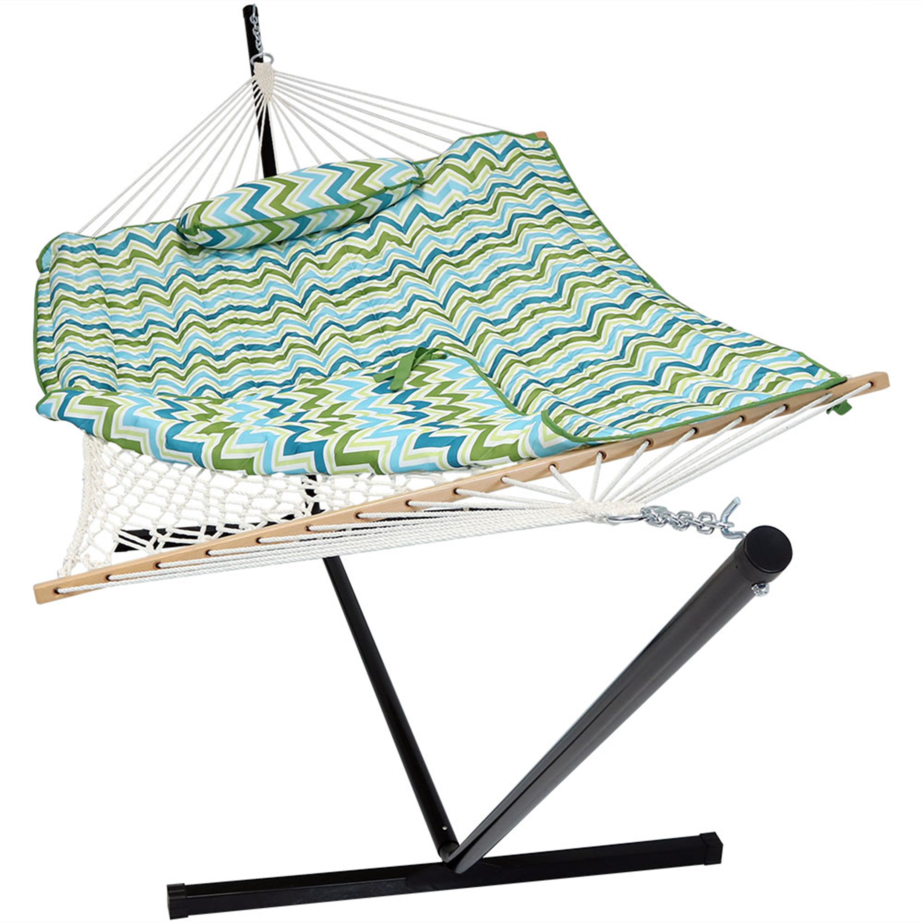 Sunnydaze Cotton Rope Hammock with 12 Foot Steel Stand, Pad and Pillow, 275 Pound Capacity, Blue & Green Chevron