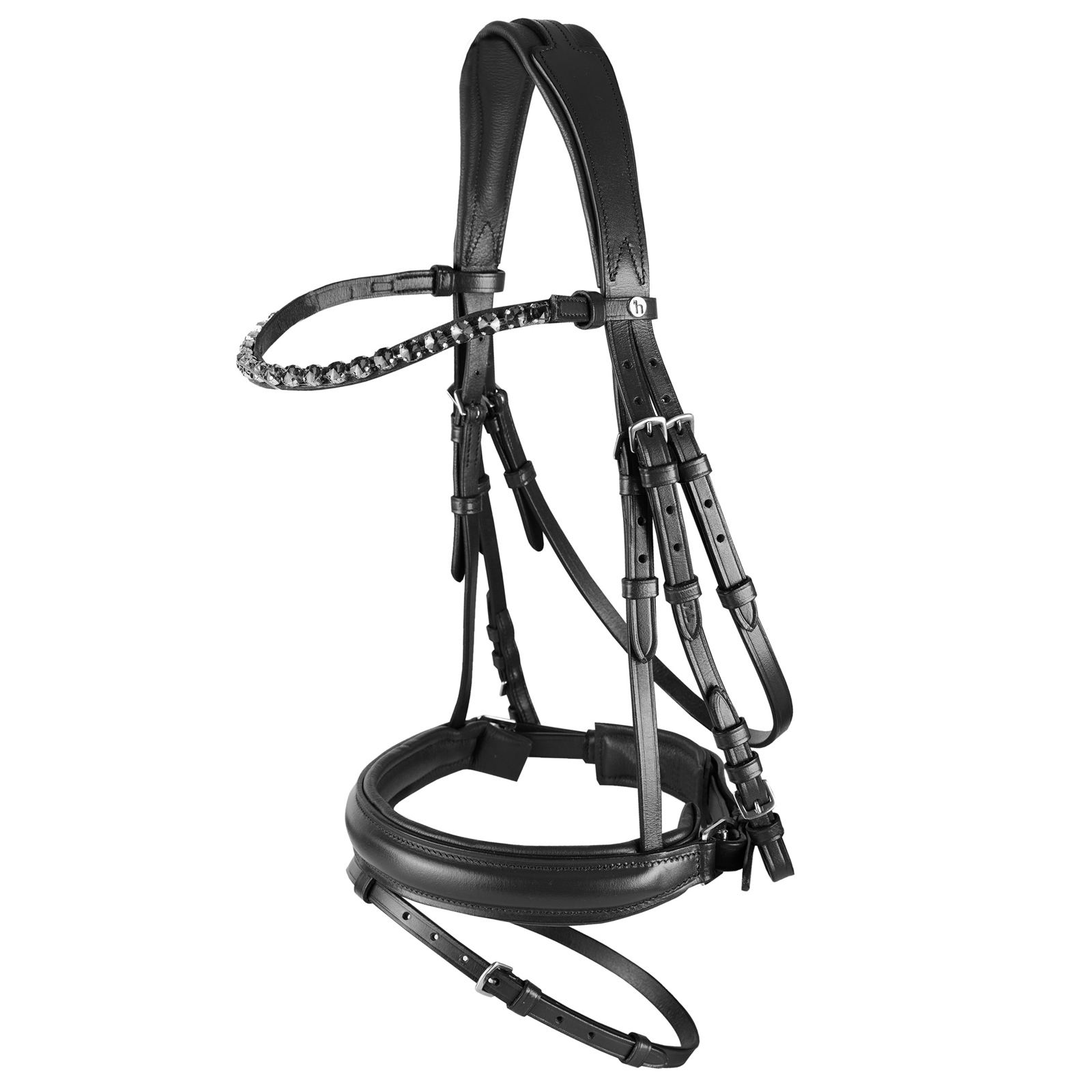 Horze Ergonomic Snaffle Bridle with Curved Crystal Browband - Black/Black